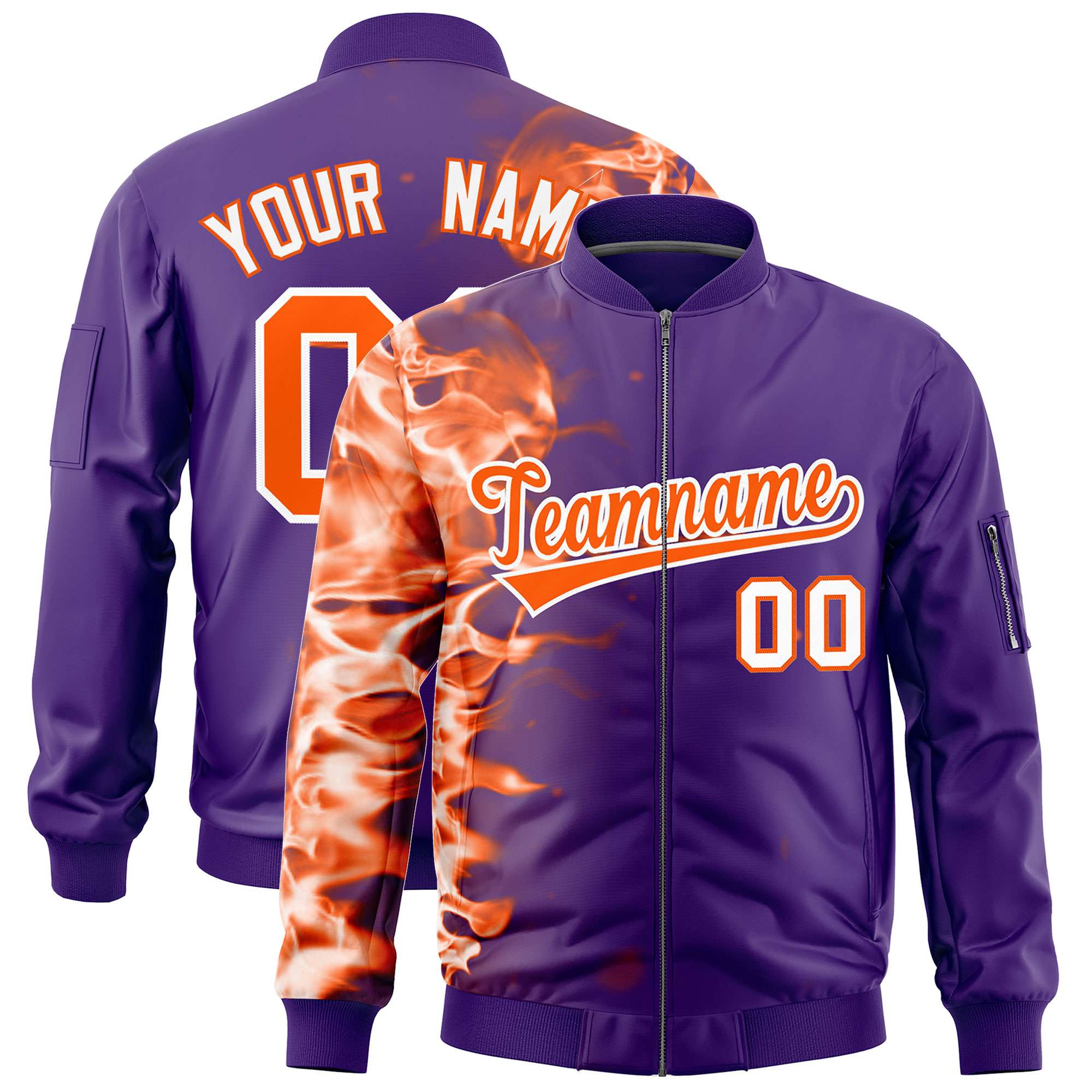 Custom Purple 3D Flame Varsity Full-Zip Letterman Bomber Jacket