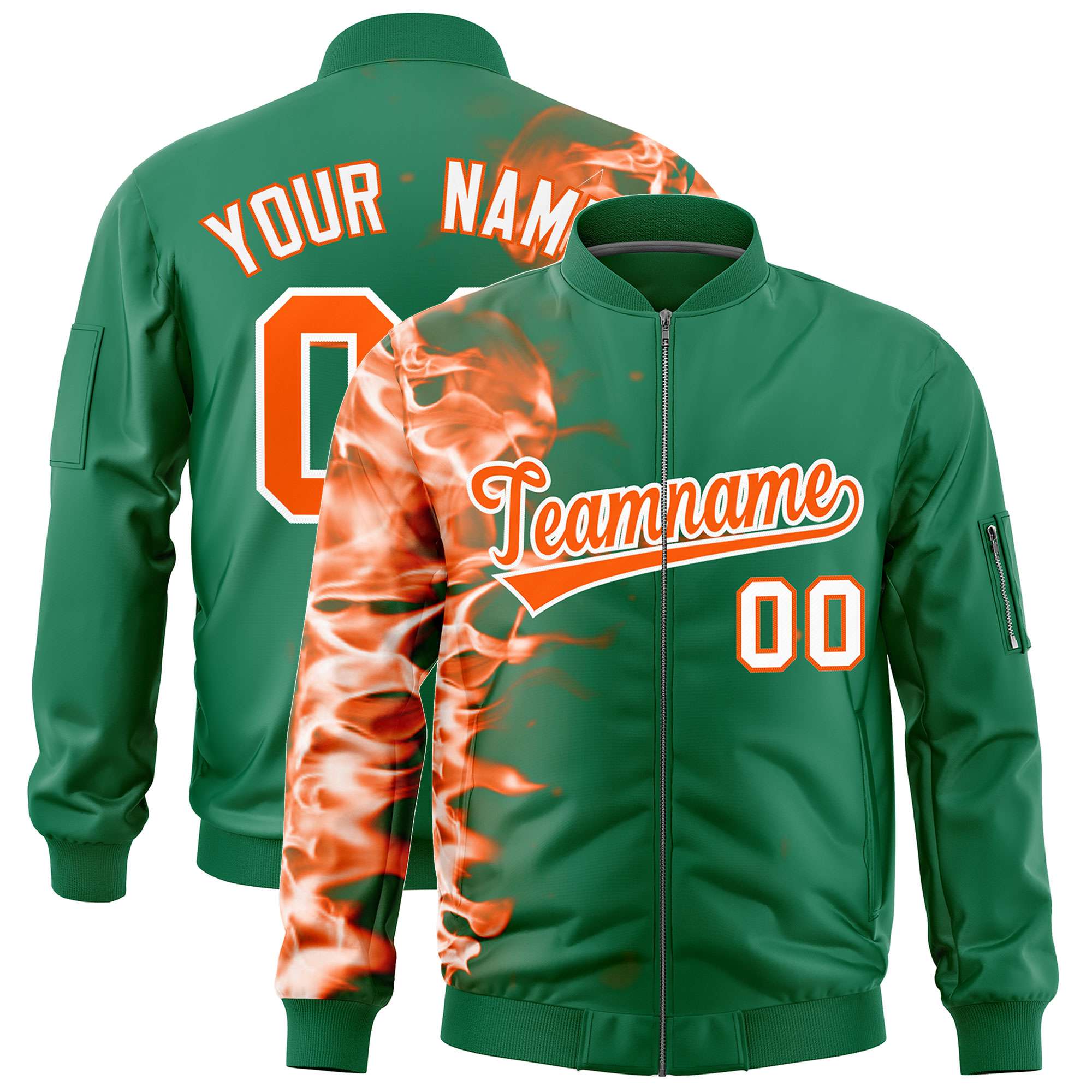 Custom Kelly Green 3D Flame Varsity Full-Zip Letterman Bomber Jacket