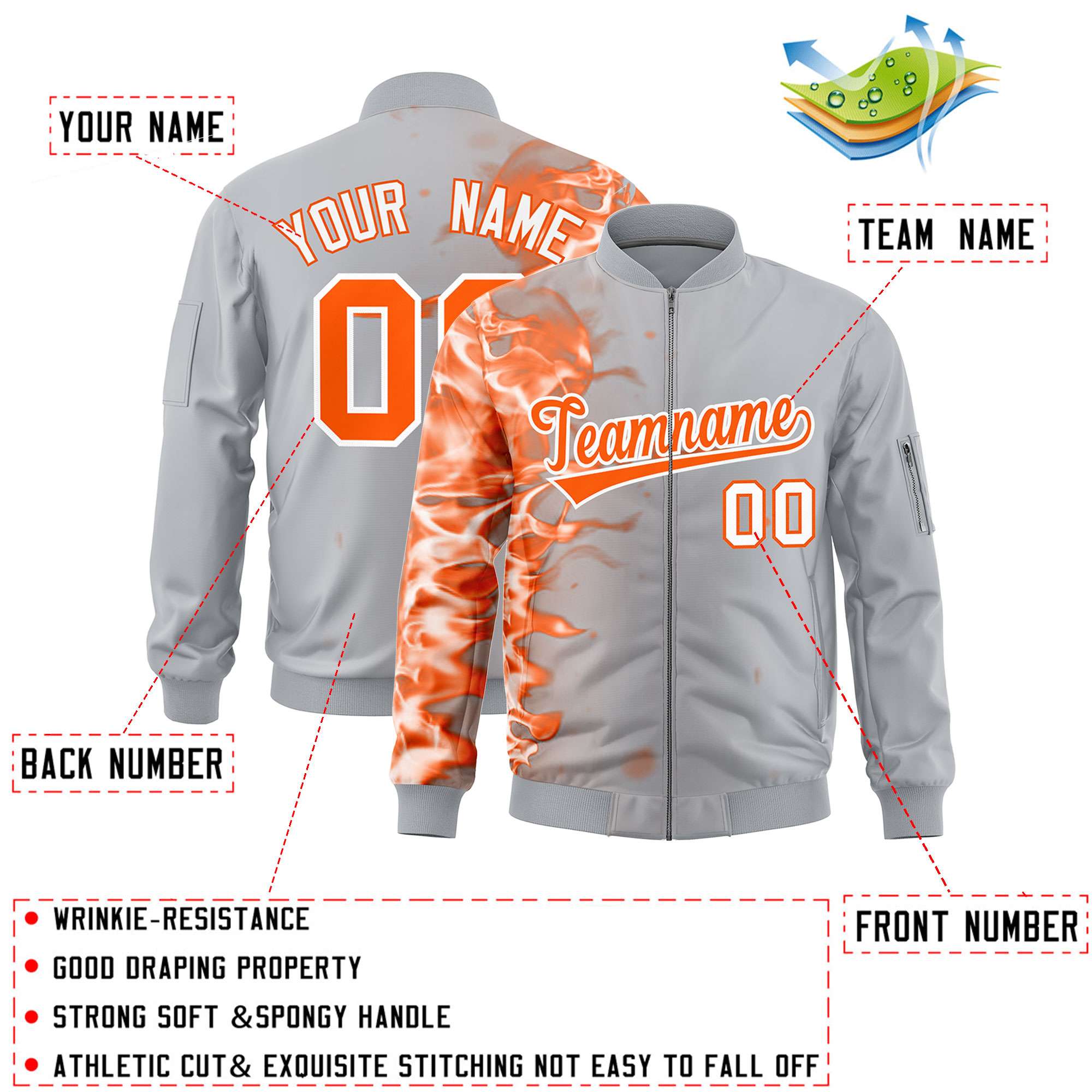 Custom Silver 3D Flame Varsity Full-Zip Letterman Bomber Jacket