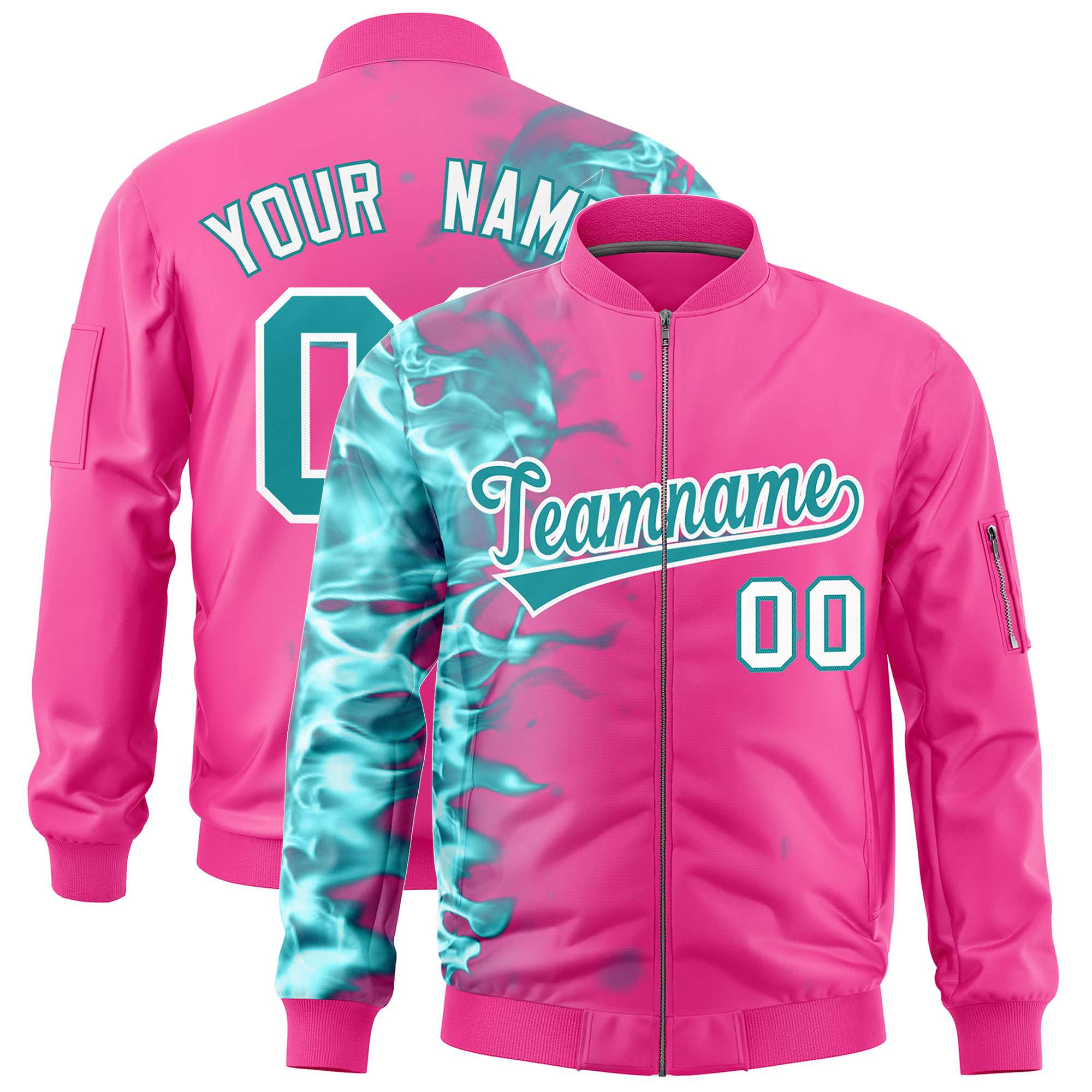 Custom Pink 3D Flame Varsity Full-Zip Letterman Bomber Jacket