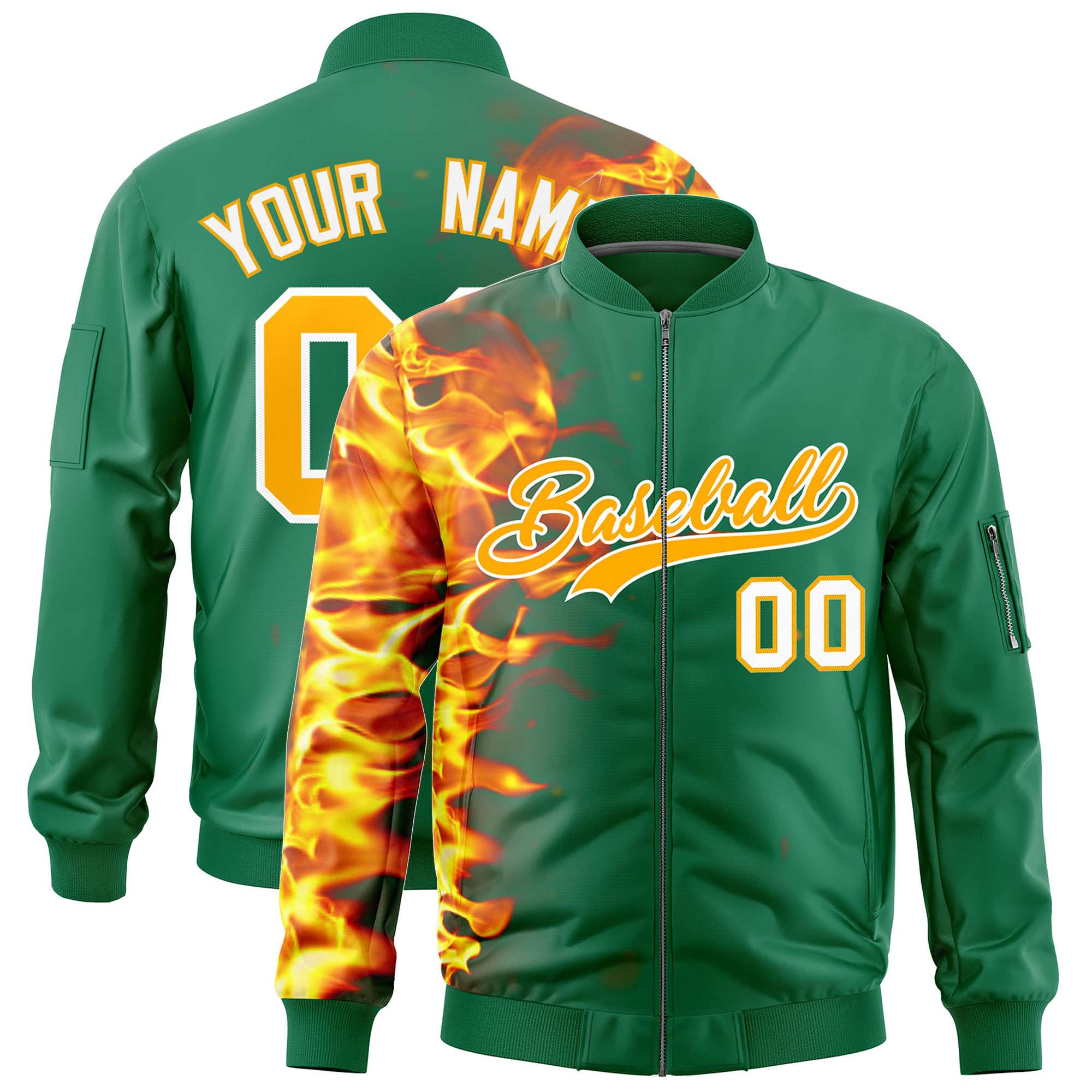 Custom Kelly Green 3D Flame Varsity Full-Zip Letterman Bomber Jacket