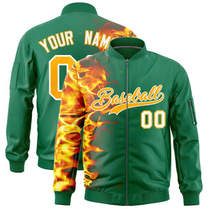 Custom Kelly Green 3D Flame Varsity Full-Zip Letterman Bomber Jacket