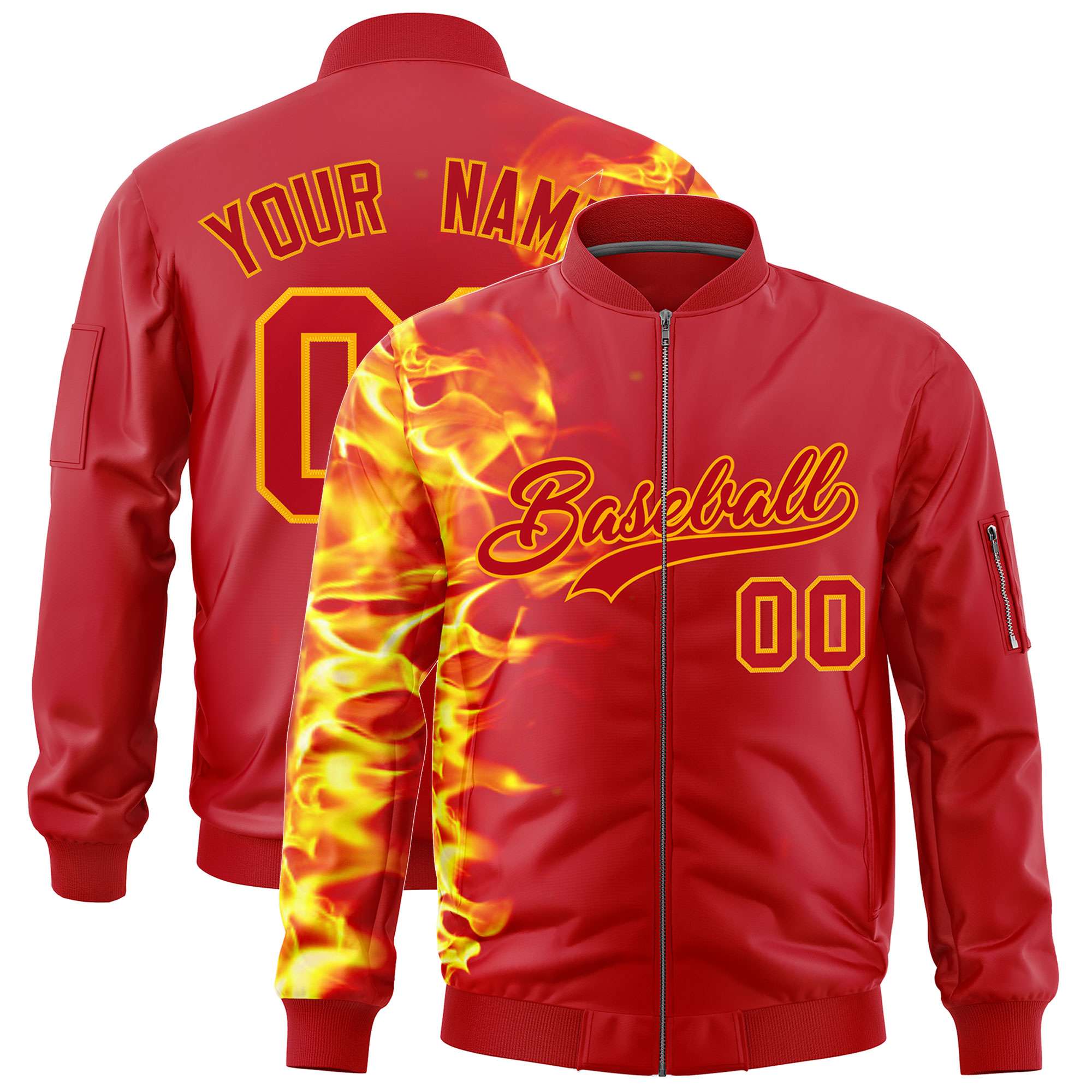 Custom Red 3D Flame Varsity Full-Zip Letterman Bomber Jacket