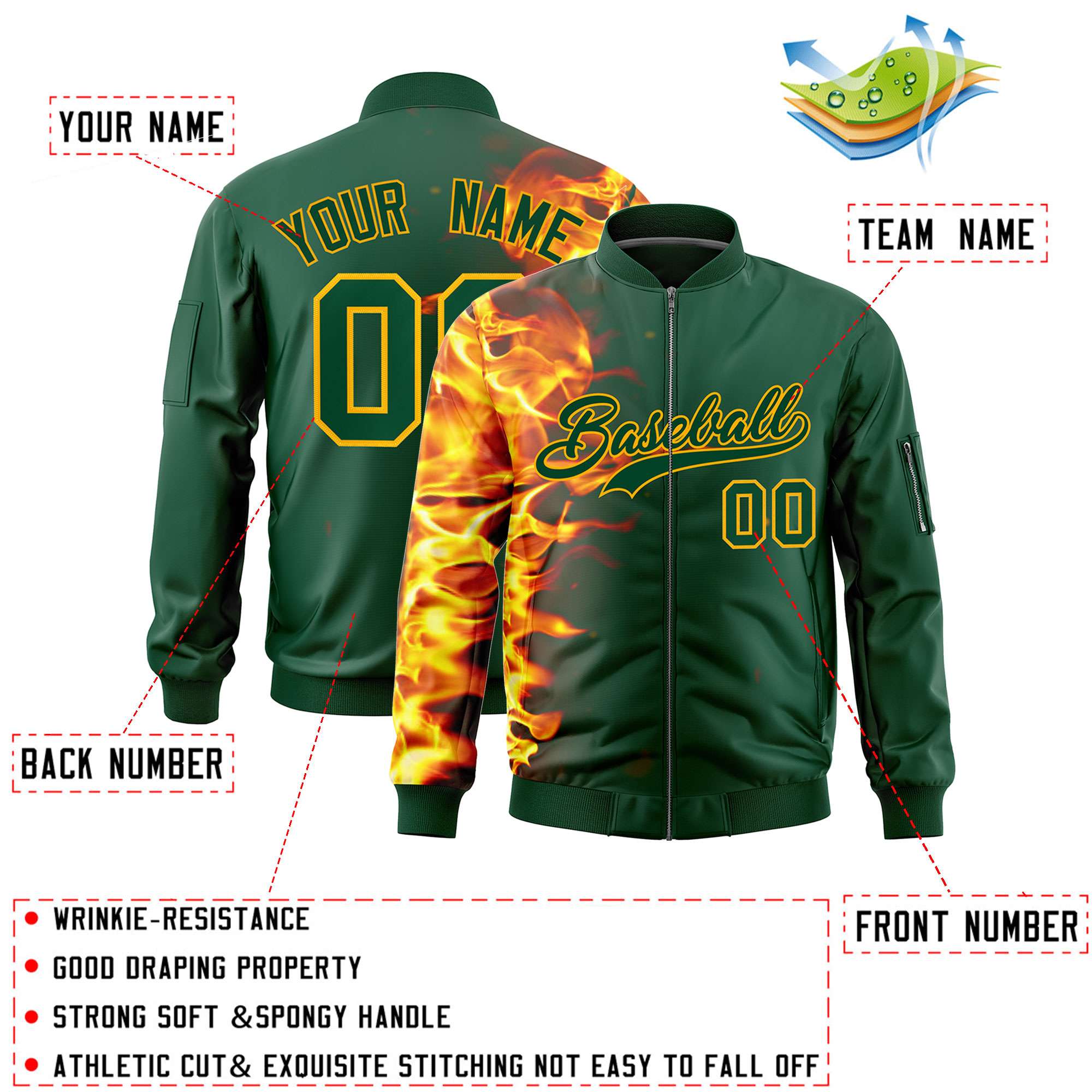 Custom Green 3D Flame Varsity Full-Zip Letterman Bomber Jacket