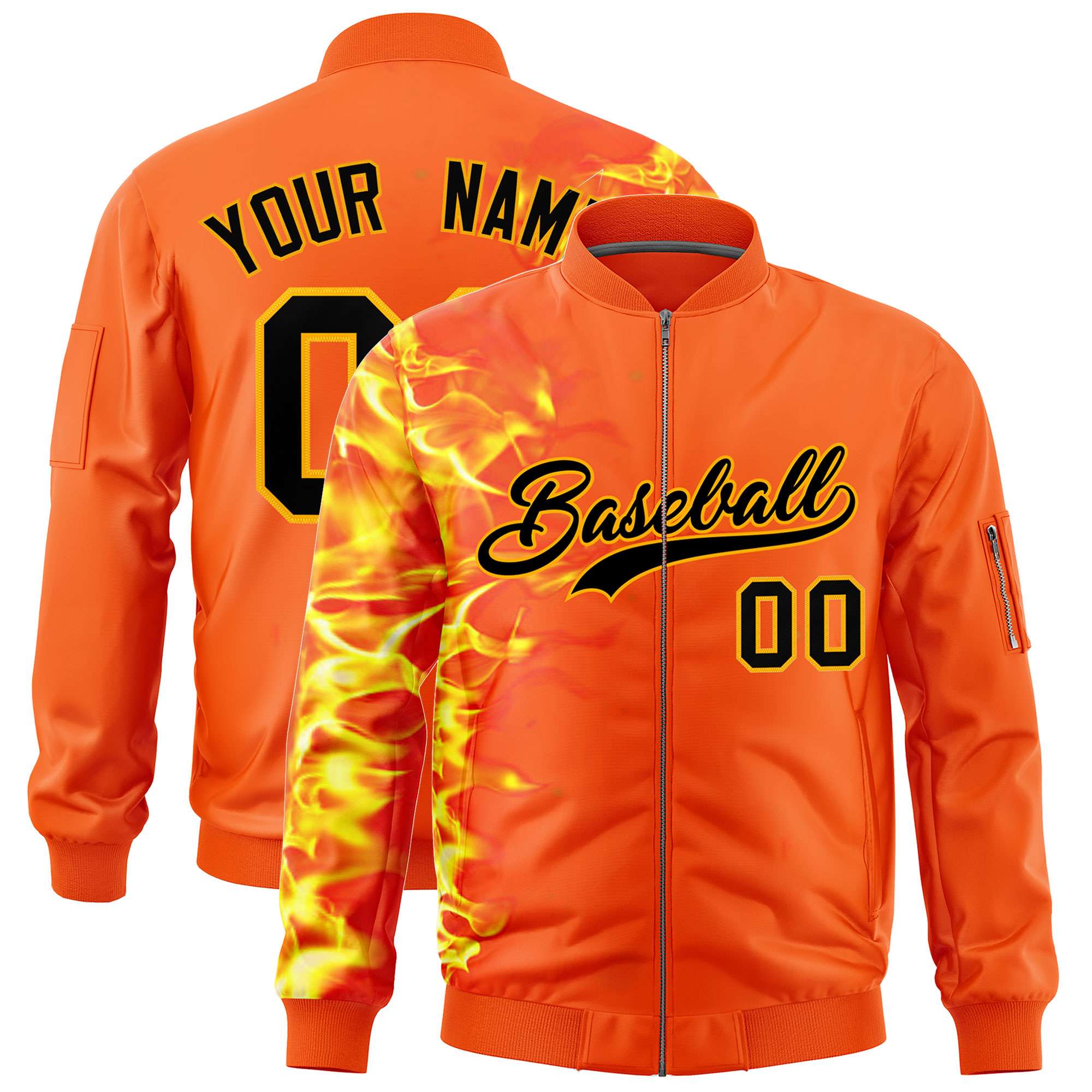 Custom Orange 3D Flame Varsity Full-Zip Letterman Bomber Jacket