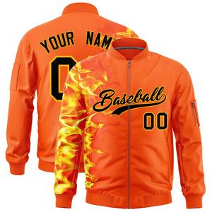 Custom Orange 3D Flame Varsity Full-Zip Letterman Bomber Jacket