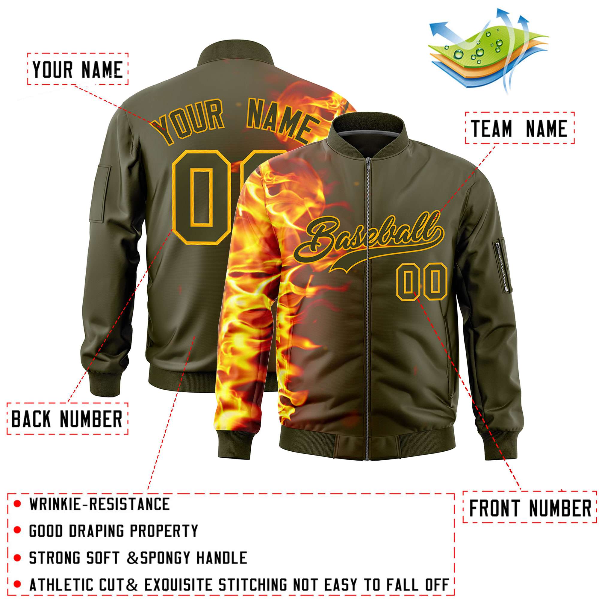 Custom Olive 3D Flame Varsity Full-Zip Letterman Bomber Jacket