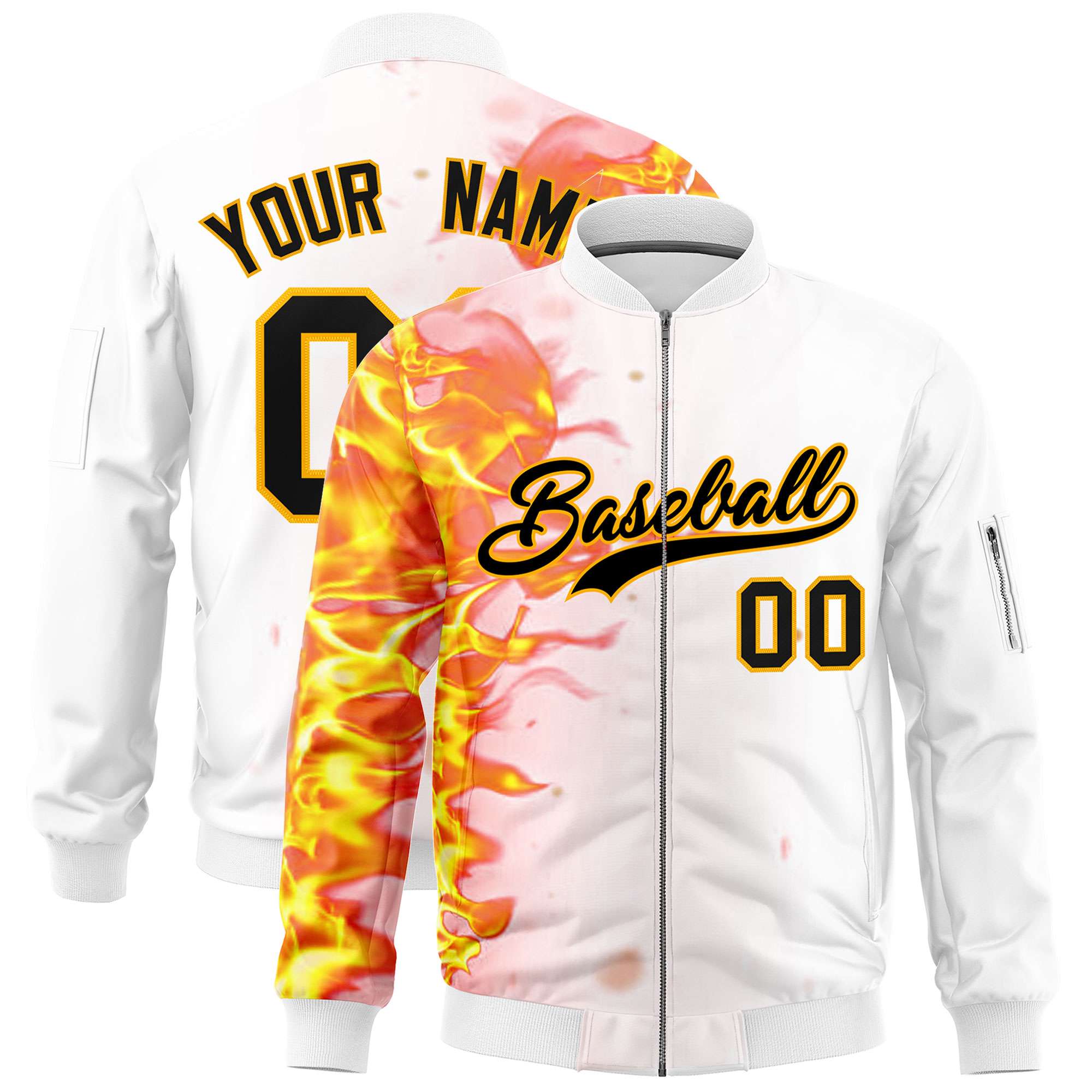 Custom White 3D Flame Varsity Full-Zip Letterman Bomber Jacket