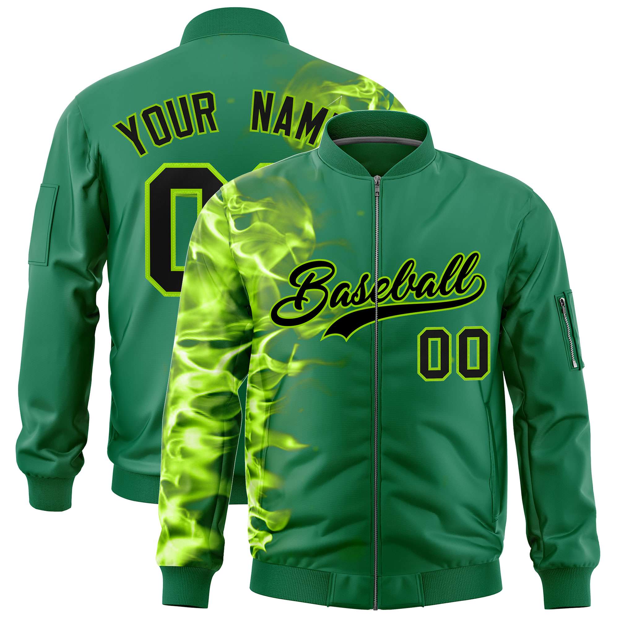 Custom Kelly Green 3D Flame Varsity Full-Zip Letterman Bomber Jacket