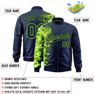 Custom Navy 3D Flame Varsity Full-Zip Letterman Bomber Jacket