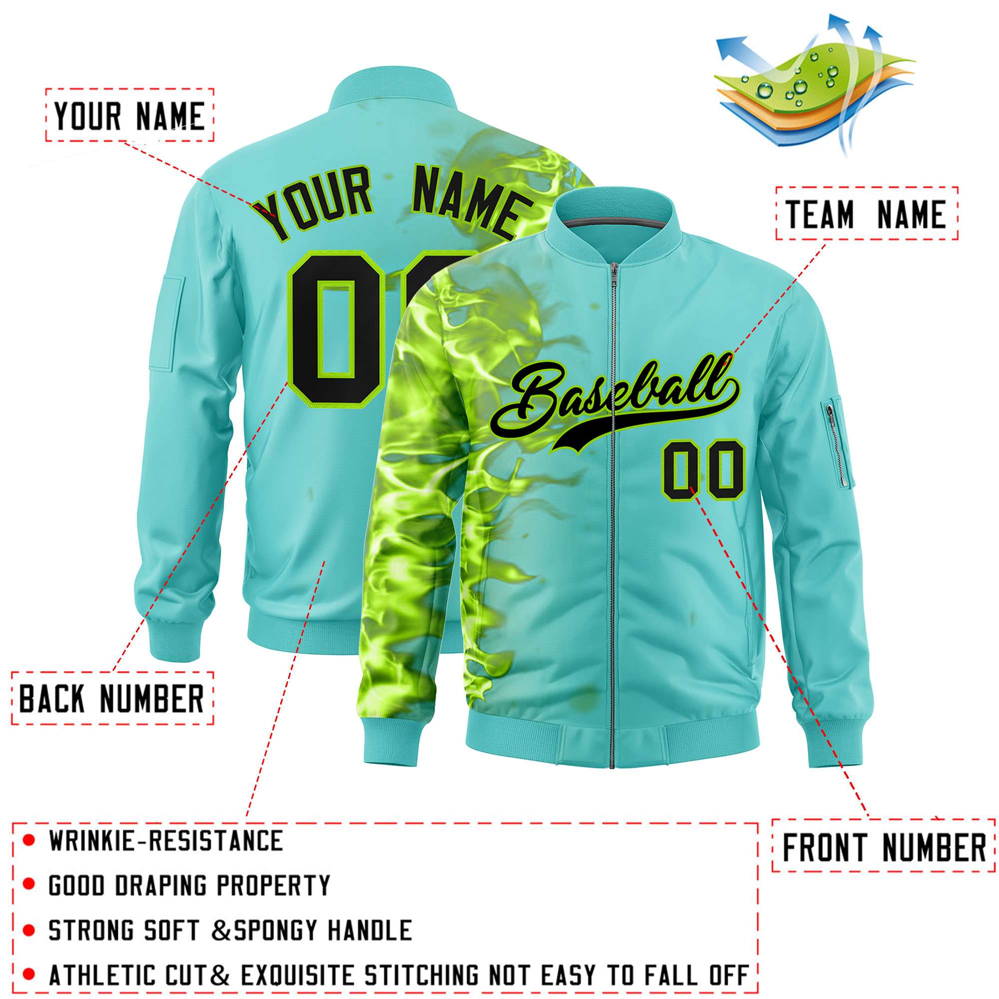 Custom Bright Green 3D Flame Varsity Full-Zip Letterman Bomber Jacket