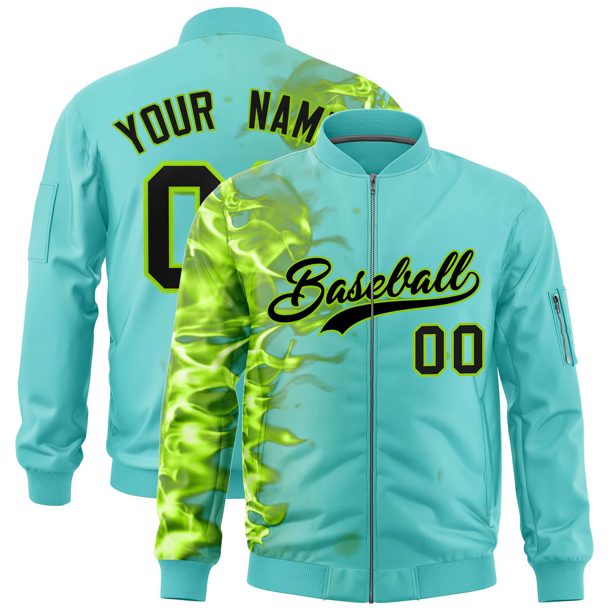 Custom Bright Green 3D Flame Varsity Full-Zip Letterman Bomber Jacket