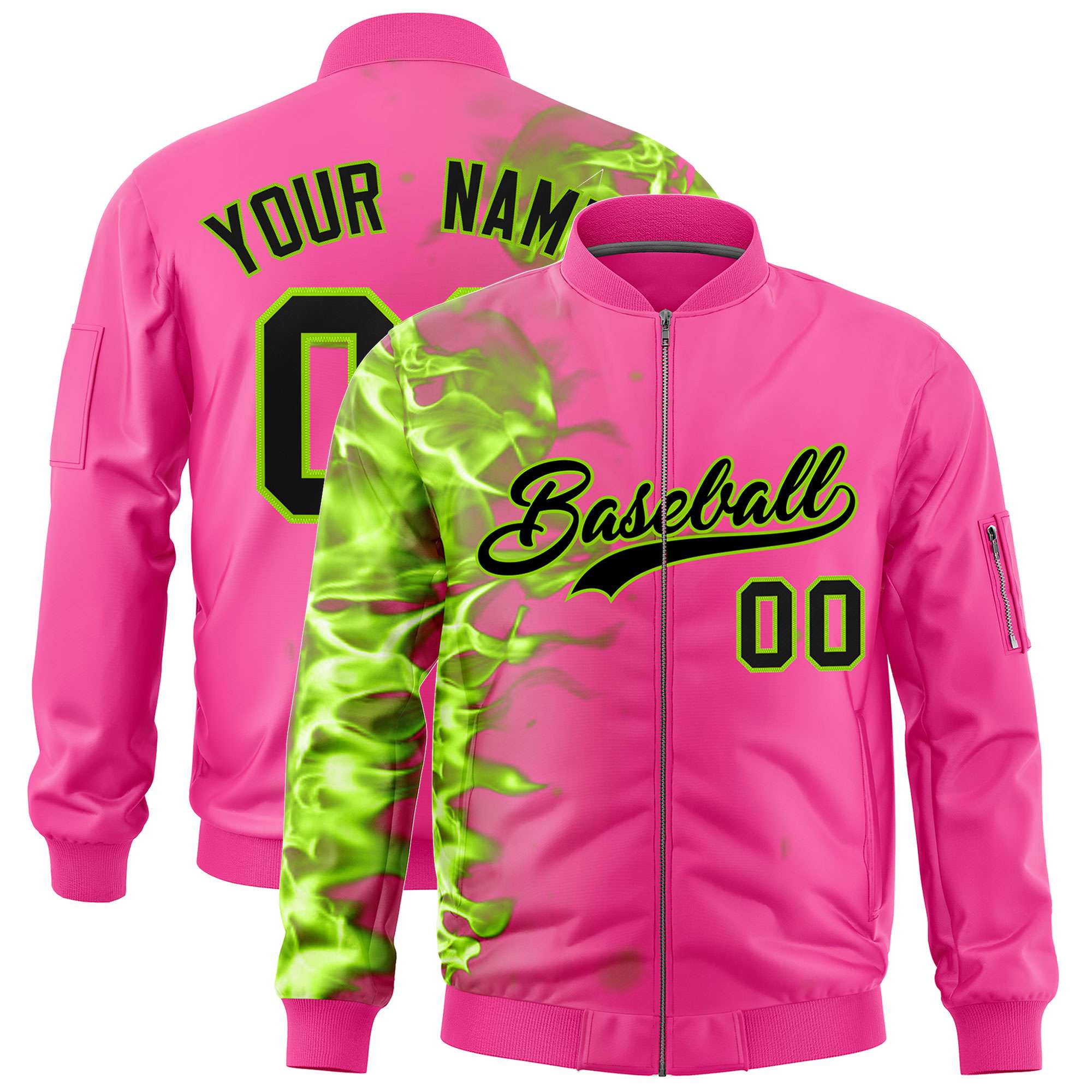 Custom Pink 3D Flame Varsity Full-Zip Letterman Bomber Jacket