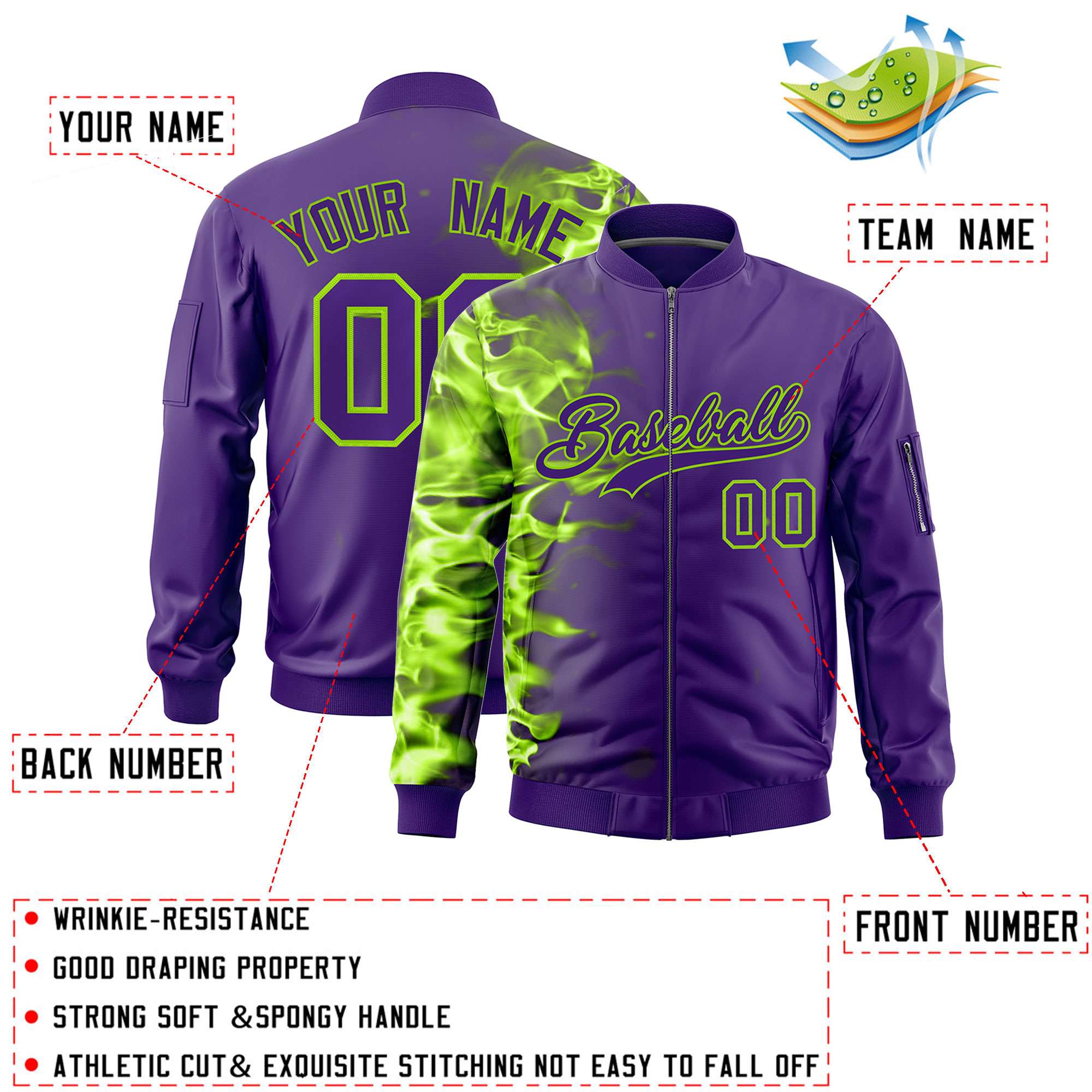 Custom Purple 3D Flame Varsity Full-Zip Letterman Bomber Jacket