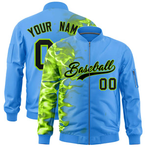 Custom Powder Blue 3D Flame Varsity Full-Zip Letterman Bomber Jacket