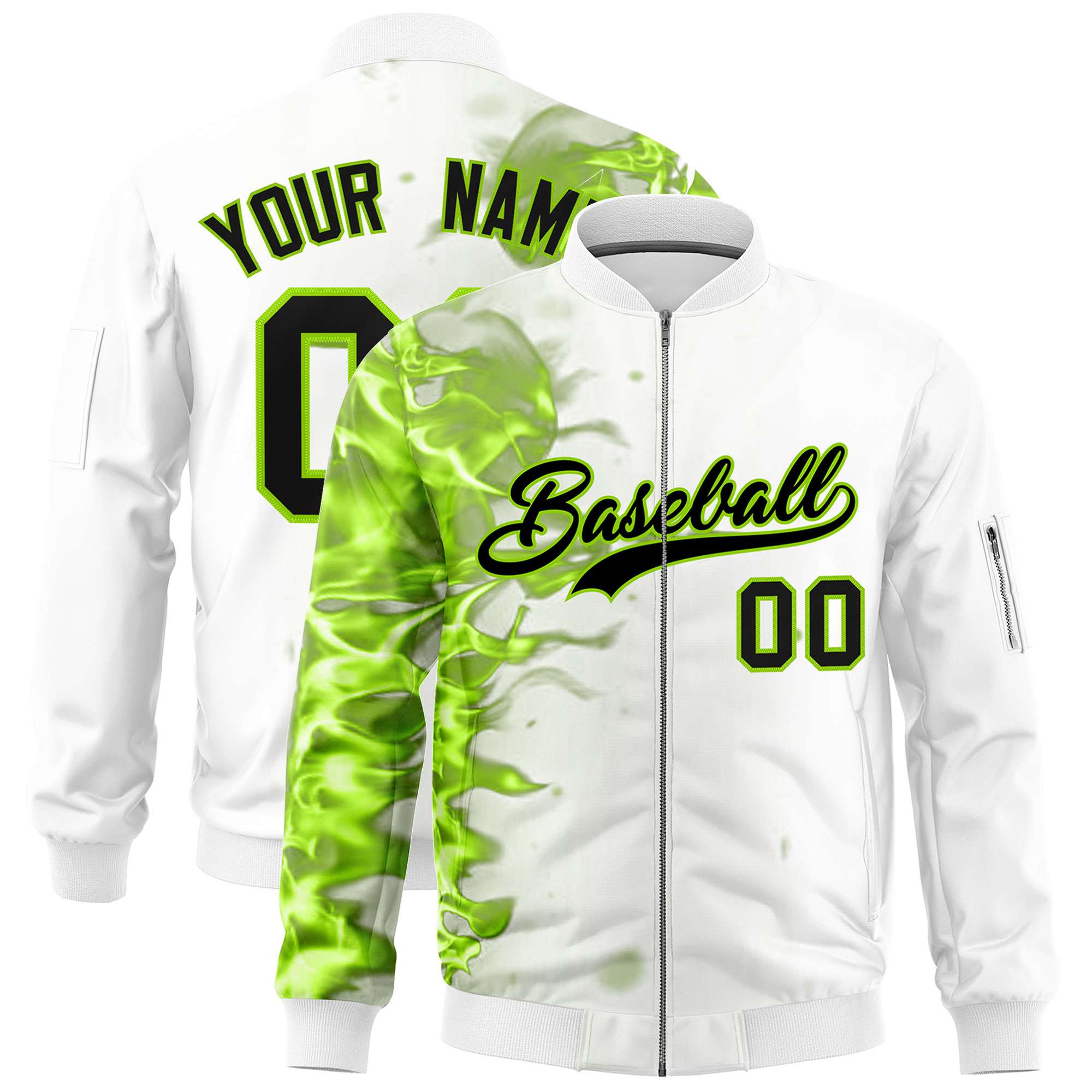 Custom White 3D Flame Varsity Full-Zip Letterman Bomber Jacket