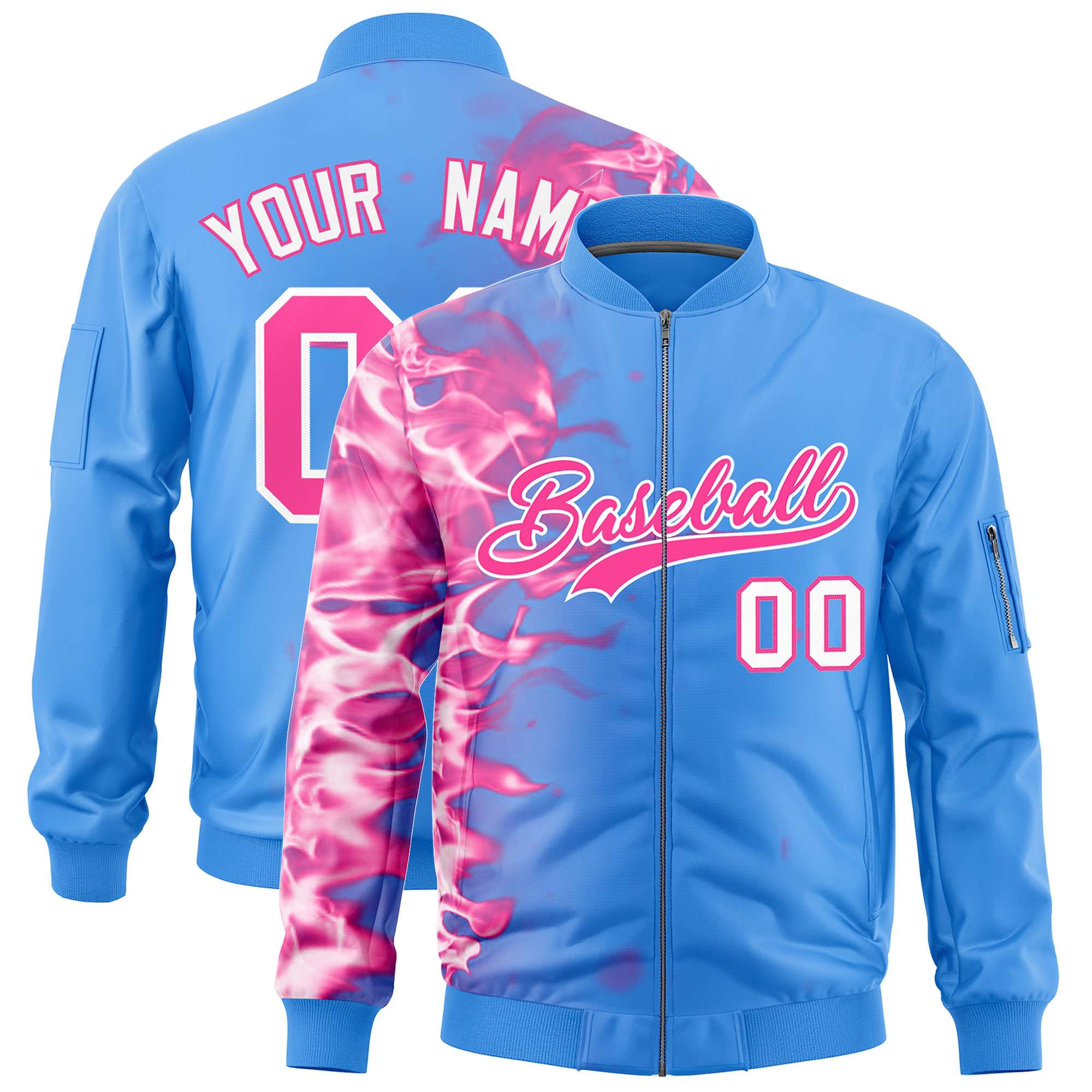 Custom Powder Blue 3D Flame Varsity Full-Zip Letterman Bomber Jacket