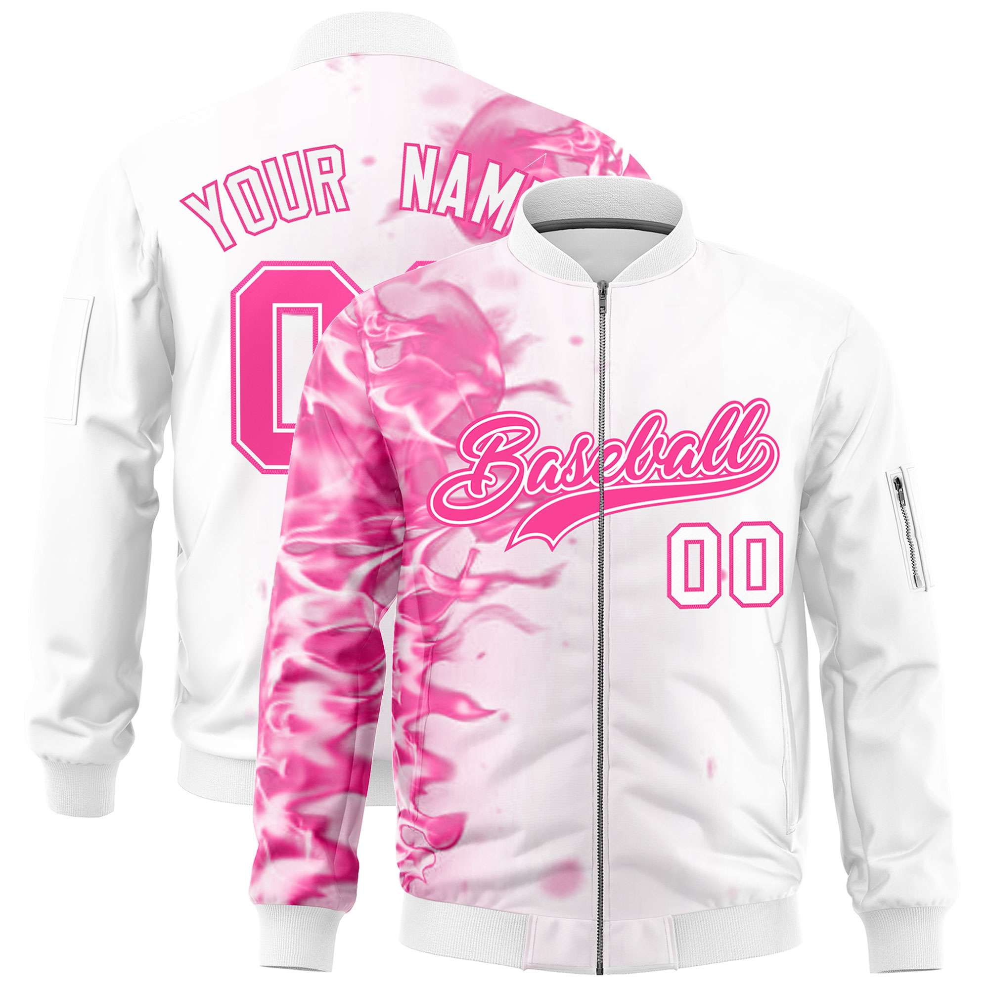 Custom White 3D Flame Varsity Full-Zip Letterman Bomber Jacket