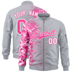 Custom Silver 3D Flame Varsity Full-Zip Letterman Bomber Jacket