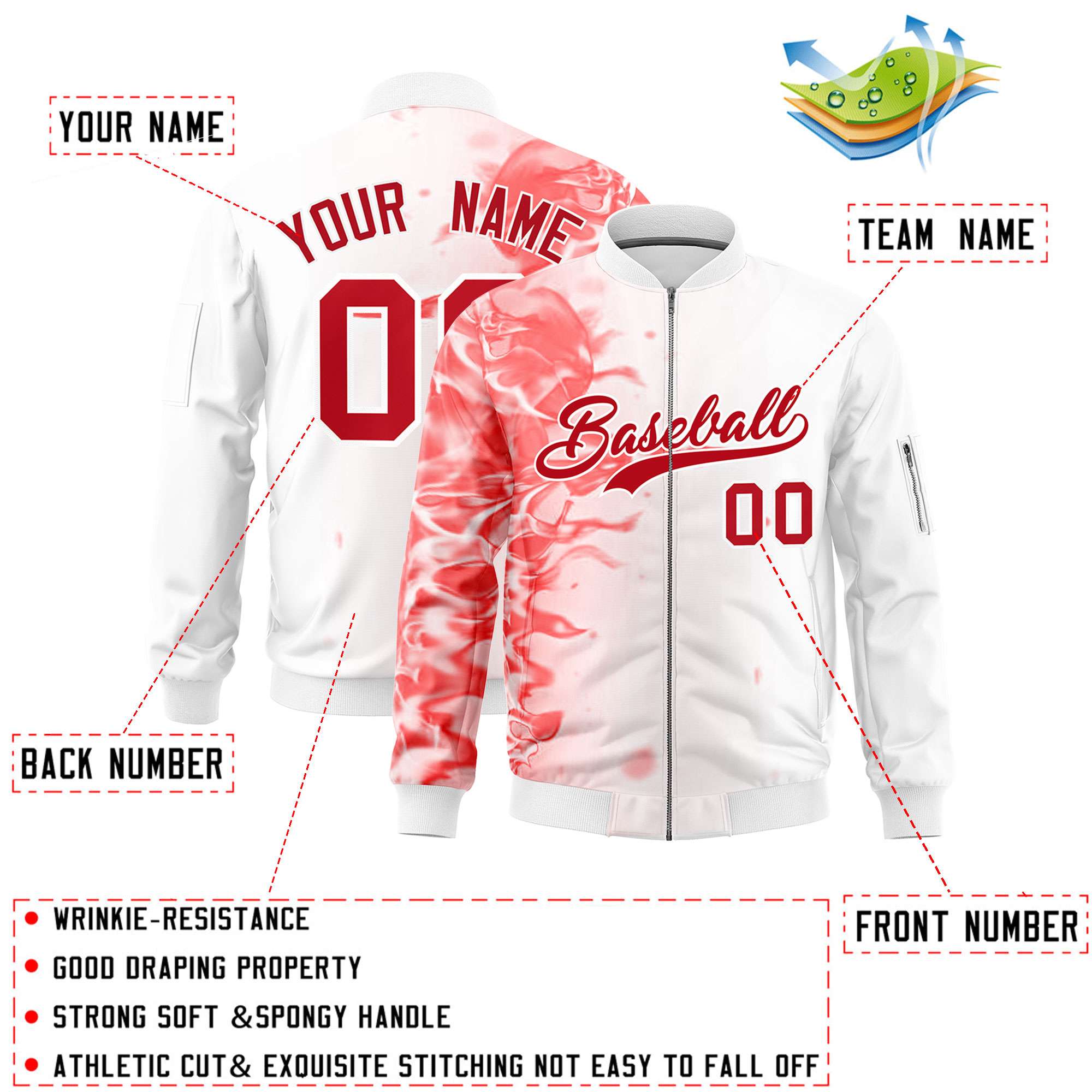 Custom White 3D Flame Varsity Full-Zip Letterman Bomber Jacket