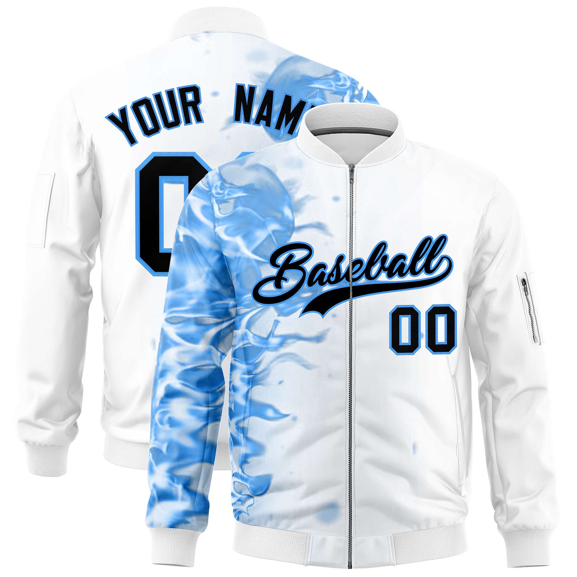 Custom White 3D Flame Varsity Full-Zip Letterman Bomber Jacket