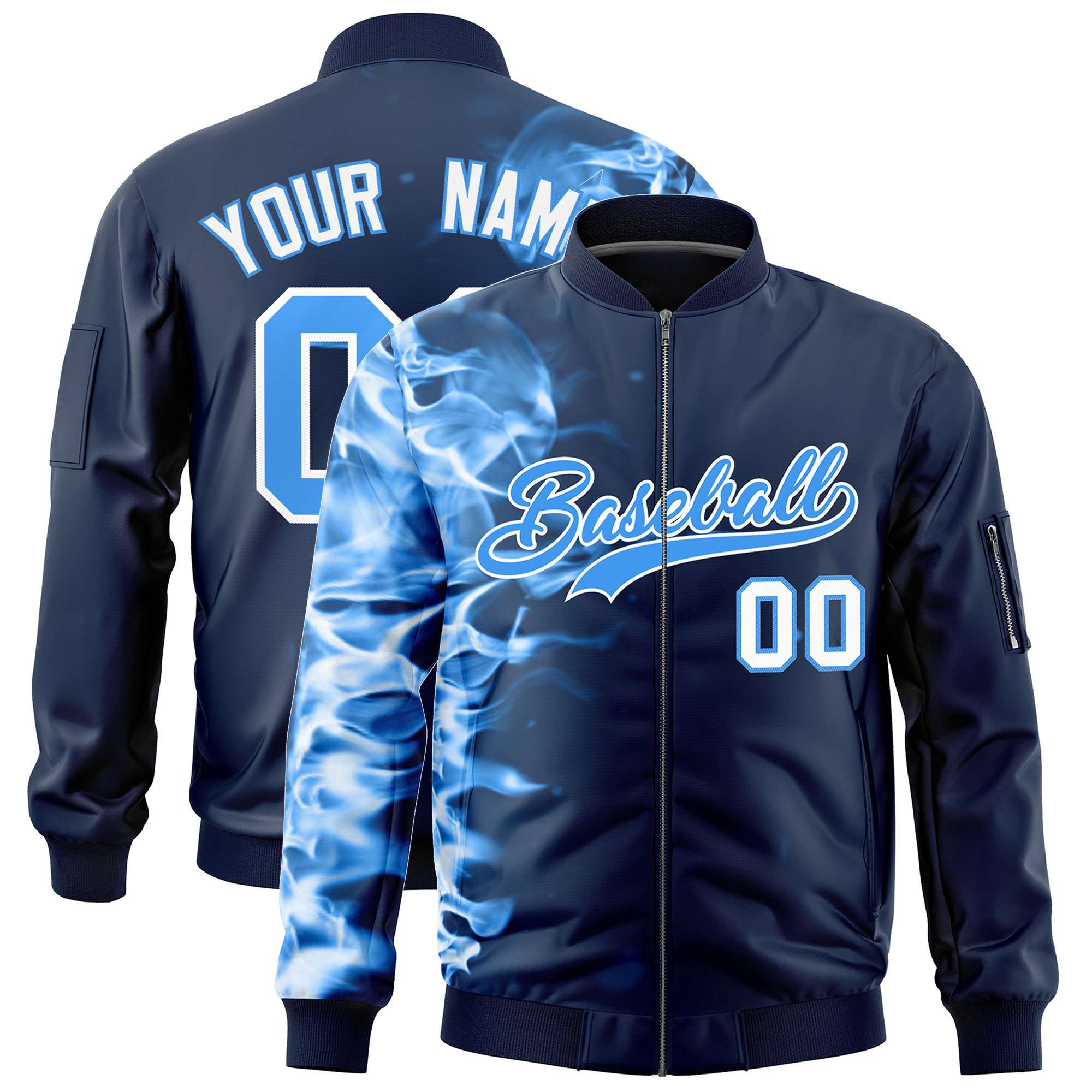 Custom Navy 3D Flame Varsity Full-Zip Letterman Bomber Jacket