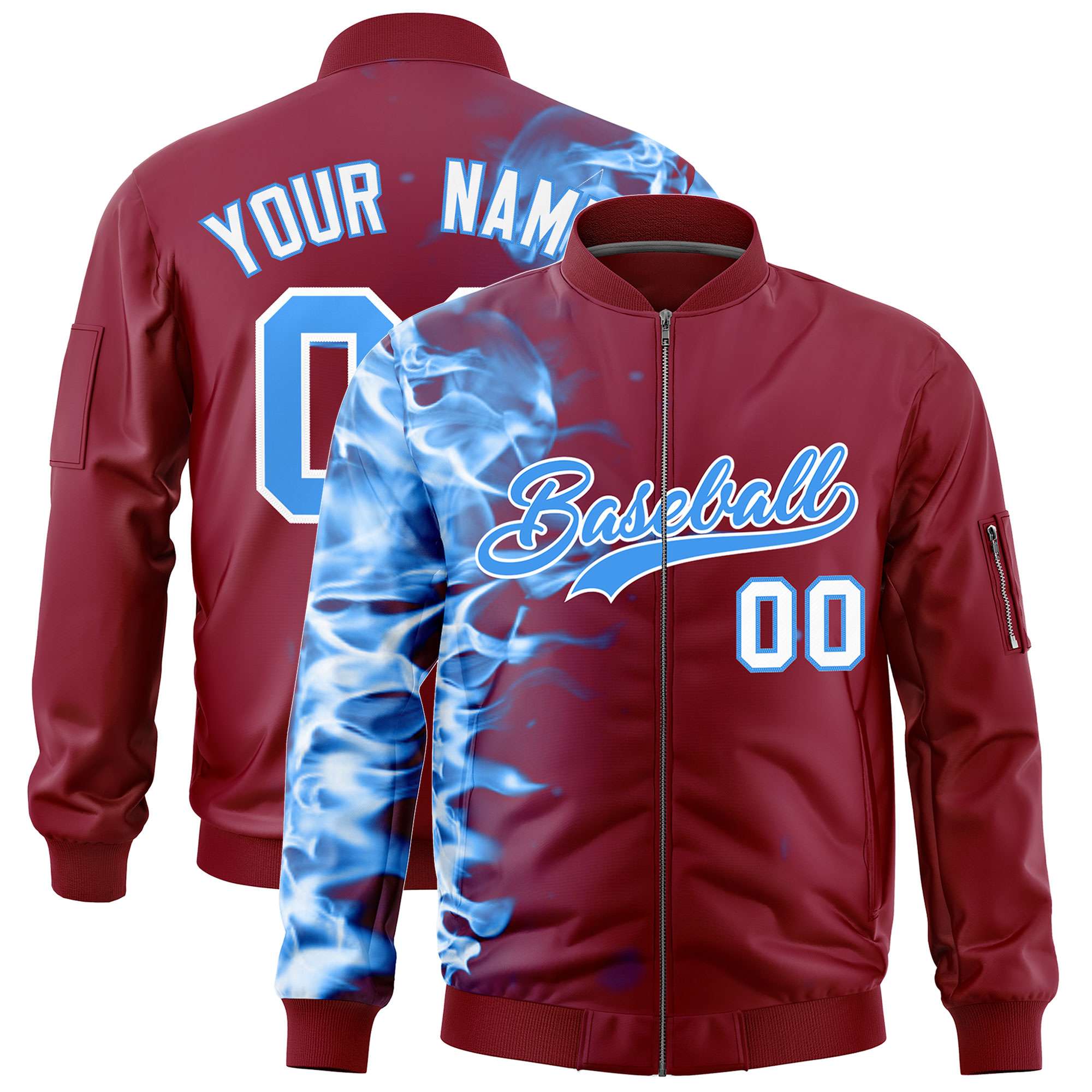 Custom Crimson 3D Flame Varsity Full-Zip Letterman Bomber Jacket