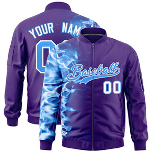 Custom Purple 3D Flame Varsity Full-Zip Letterman Bomber Jacket