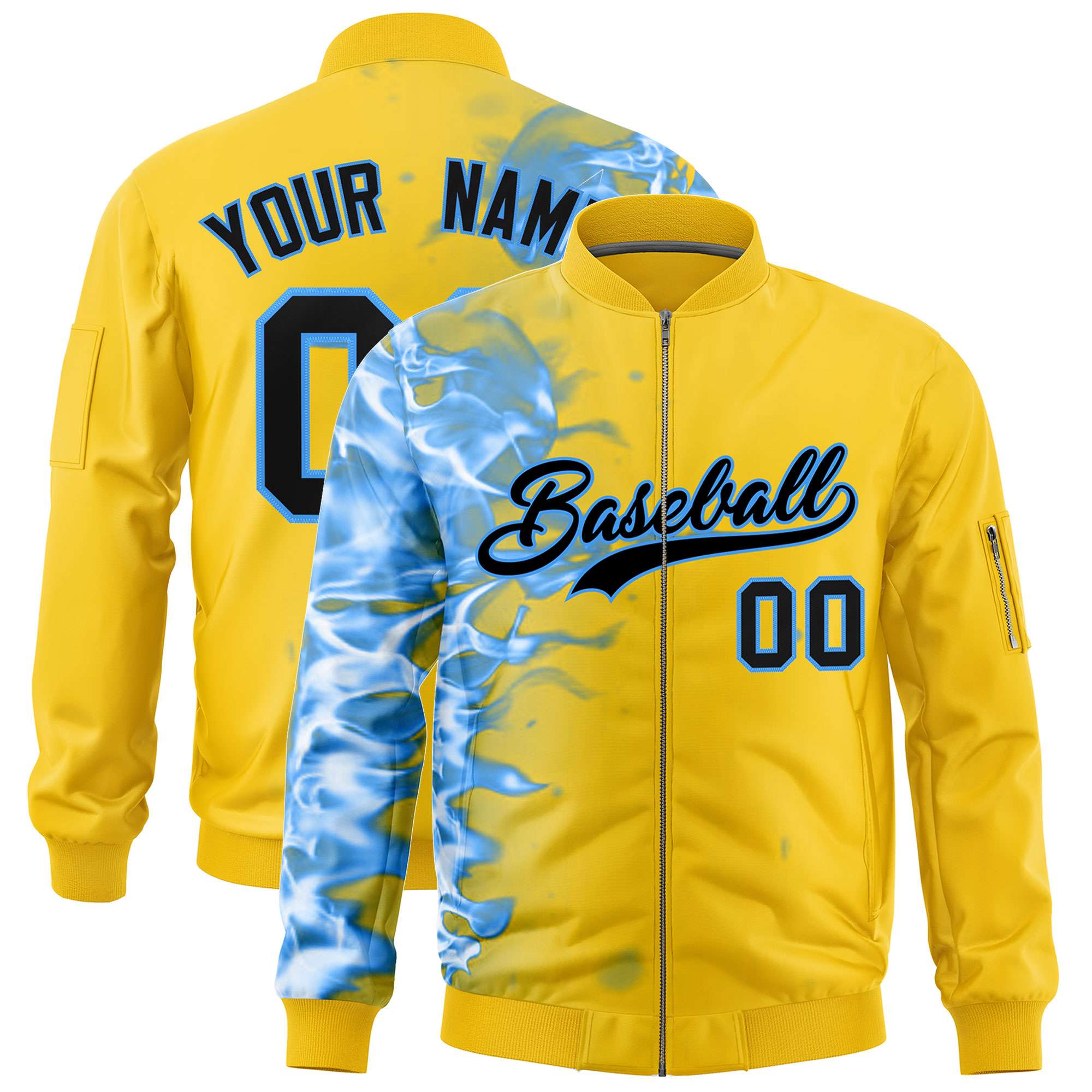 Custom Gold 3D Flame Varsity Full-Zip Letterman Bomber Jacket