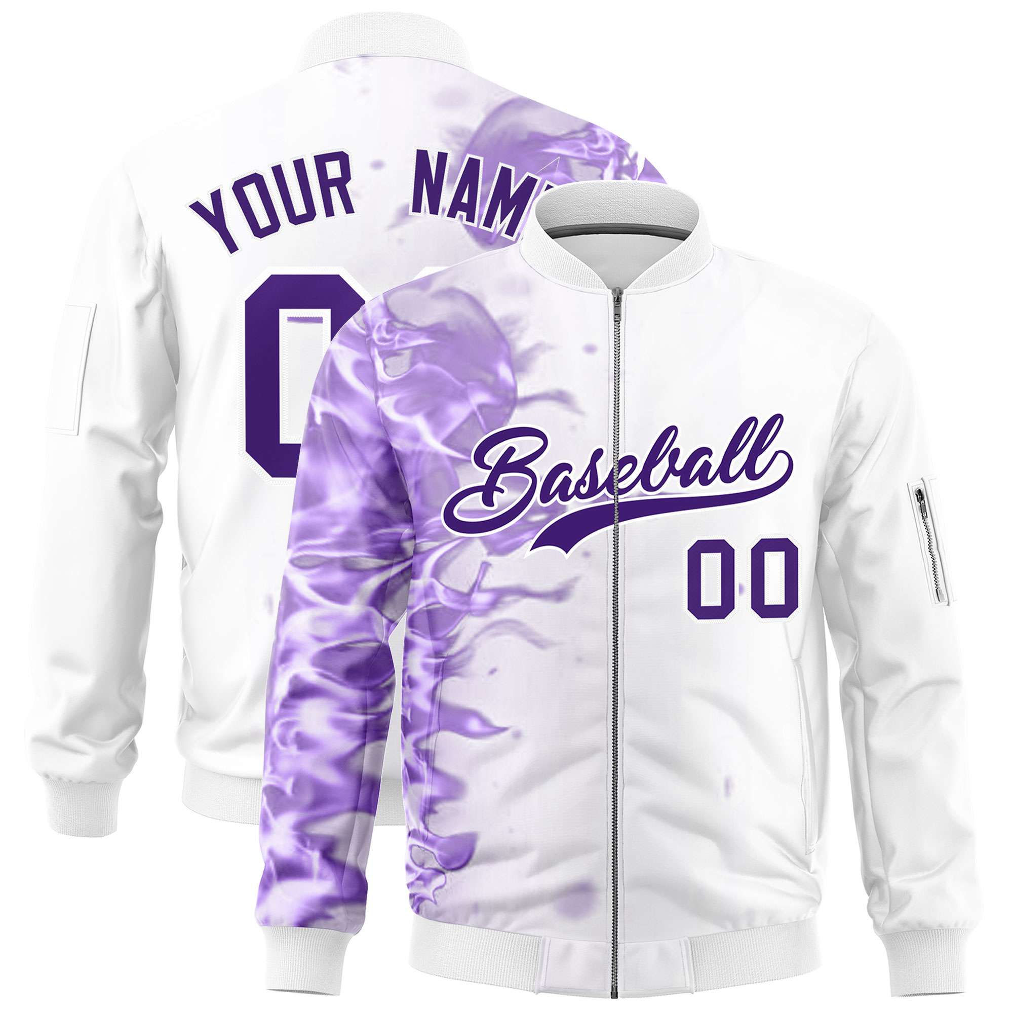 Custom White 3D Flame Varsity Full-Zip Letterman Bomber Jacket