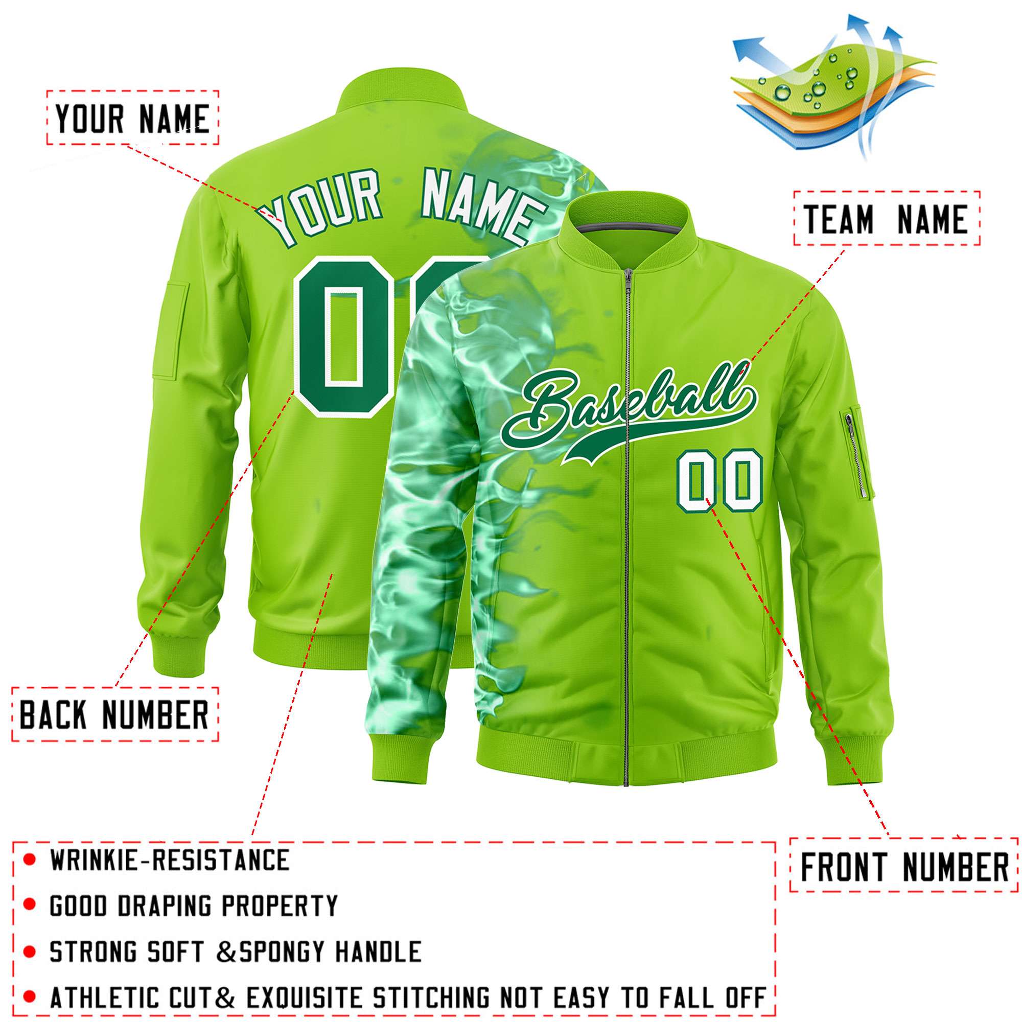 Custom Neon Green 3D Flame Varsity Full-Zip Letterman Bomber Jacket