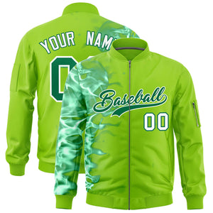 Custom Neon Green 3D Flame Varsity Full-Zip Letterman Bomber Jacket