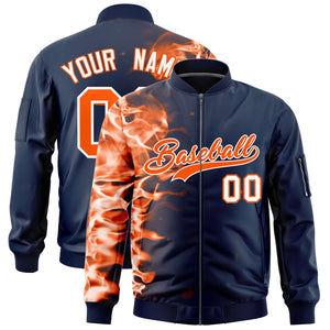 Custom Navy 3D Flame Varsity Full-Zip Letterman Bomber Jacket