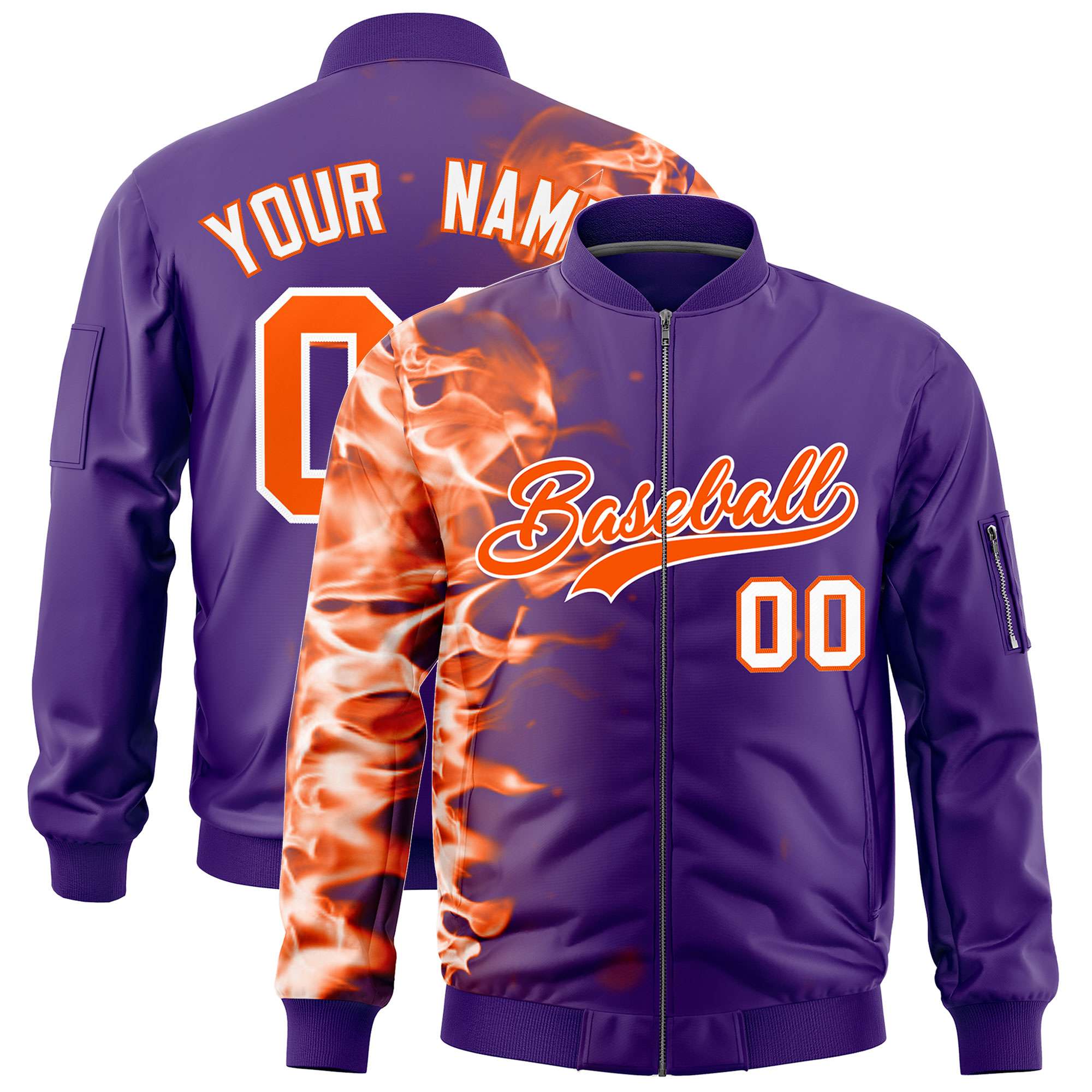 Custom Purple 3D Flame Varsity Full-Zip Letterman Bomber Jacket