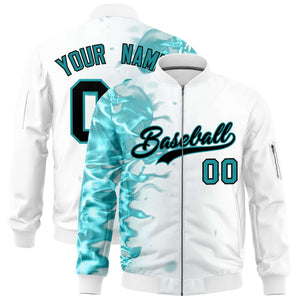 Custom White 3D Flame Varsity Full-Zip Letterman Bomber Jacket