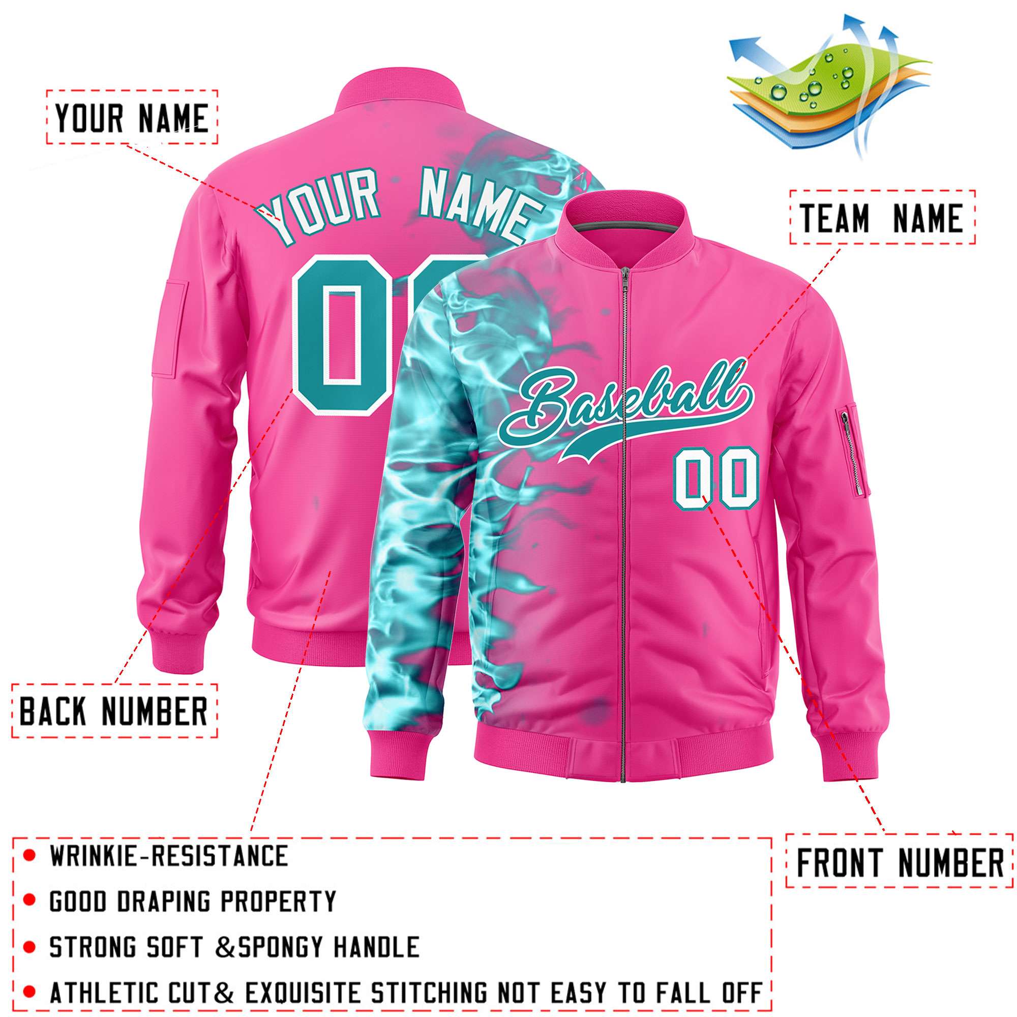 Custom Pink 3D Flame Varsity Full-Zip Letterman Bomber Jacket