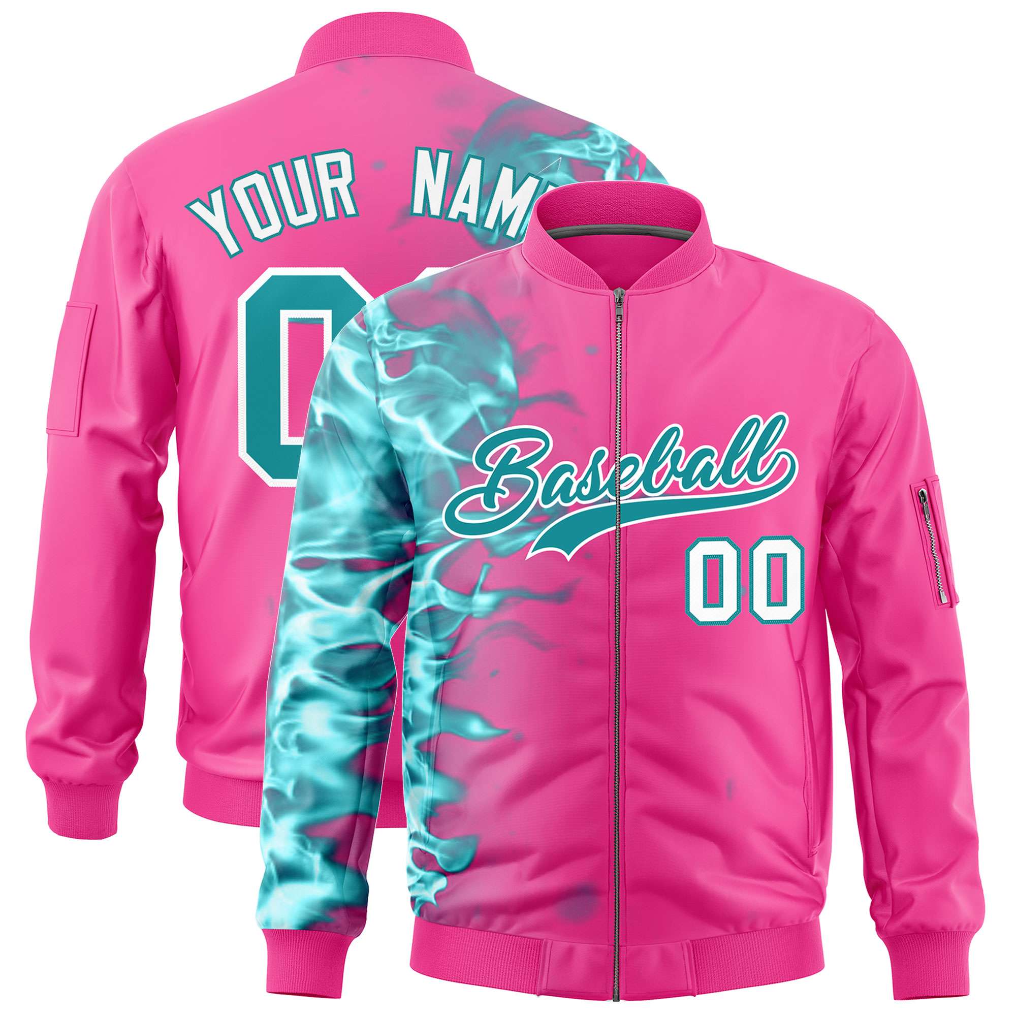 Custom Pink 3D Flame Varsity Full-Zip Letterman Bomber Jacket