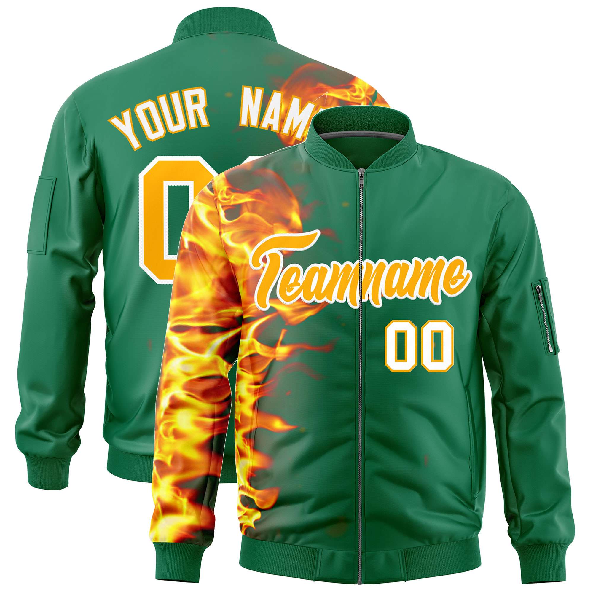 Custom Kelly Green 3D Flame Varsity Full-Zip Letterman Bomber Jacket