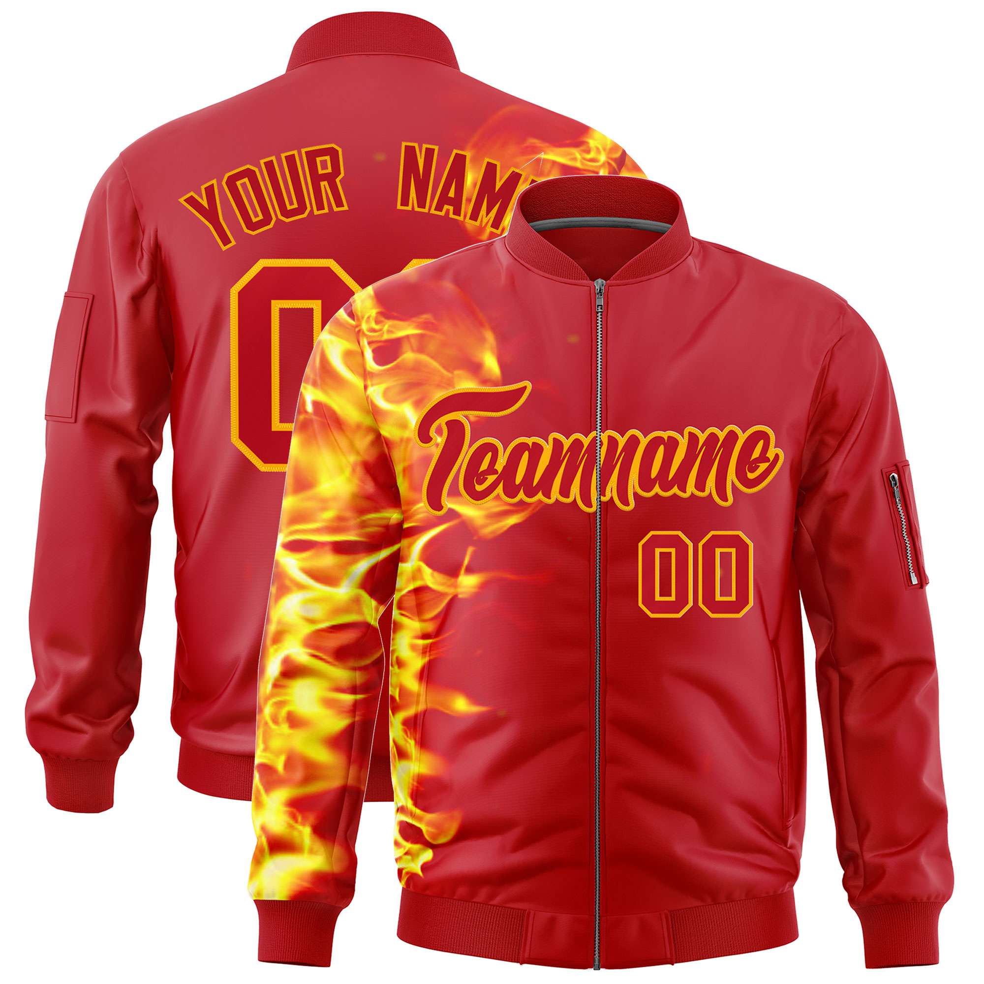 Custom Red 3D Flame Varsity Full-Zip Letterman Bomber Jacket