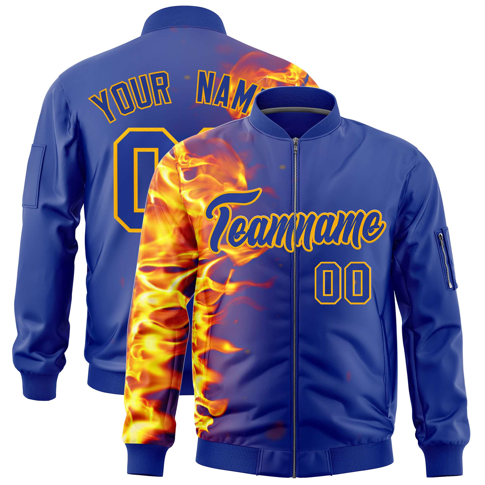 Custom Royal 3D Flame Varsity Full-Zip Letterman Bomber Jacket