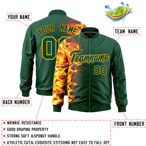 Custom Green 3D Flame Varsity Full-Zip Letterman Bomber Jacket