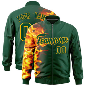 Custom Green 3D Flame Varsity Full-Zip Letterman Bomber Jacket