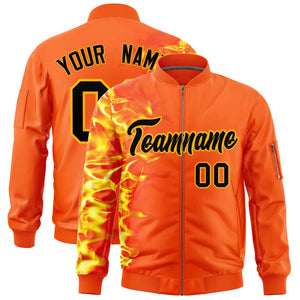 Custom Orange 3D Flame Varsity Full-Zip Letterman Bomber Jacket