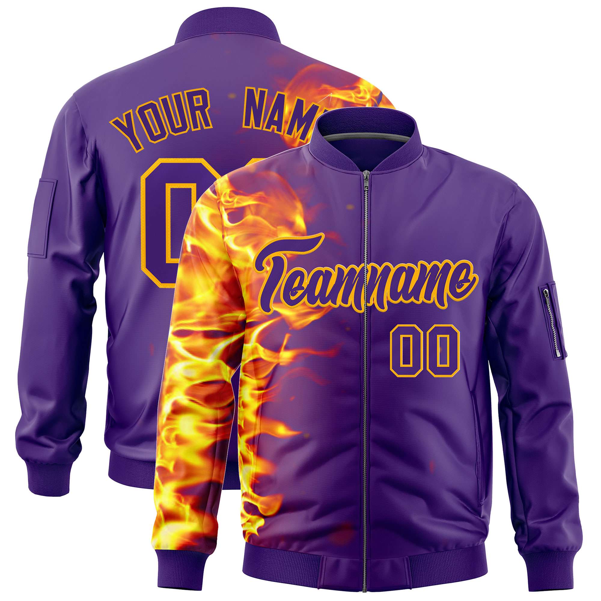 Custom Purple 3D Flame Varsity Full-Zip Letterman Bomber Jacket