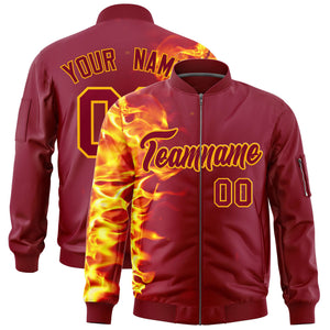 Custom Crimson 3D Flame Varsity Full-Zip Letterman Bomber Jacket