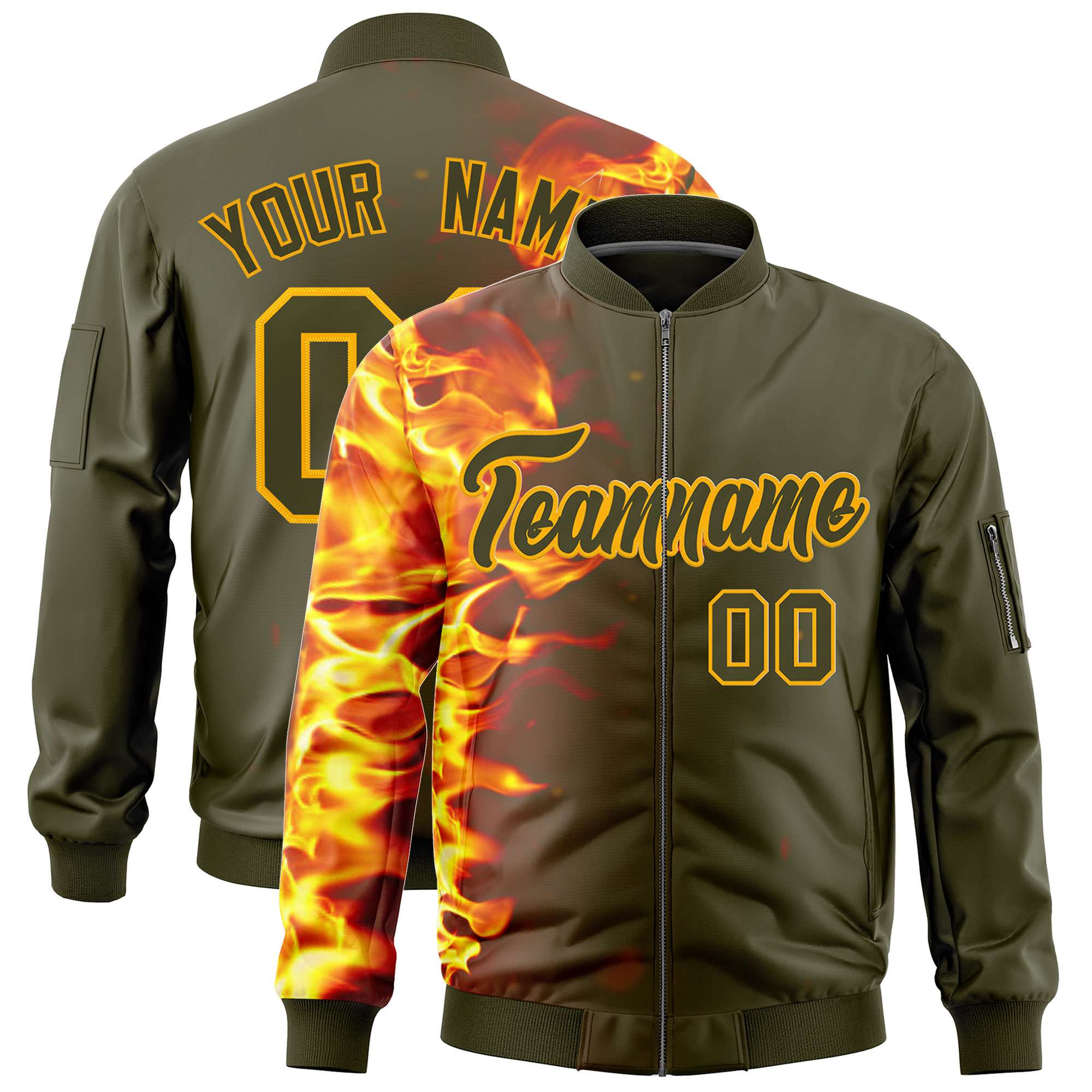 Custom Olive 3D Flame Varsity Full-Zip Letterman Bomber Jacket