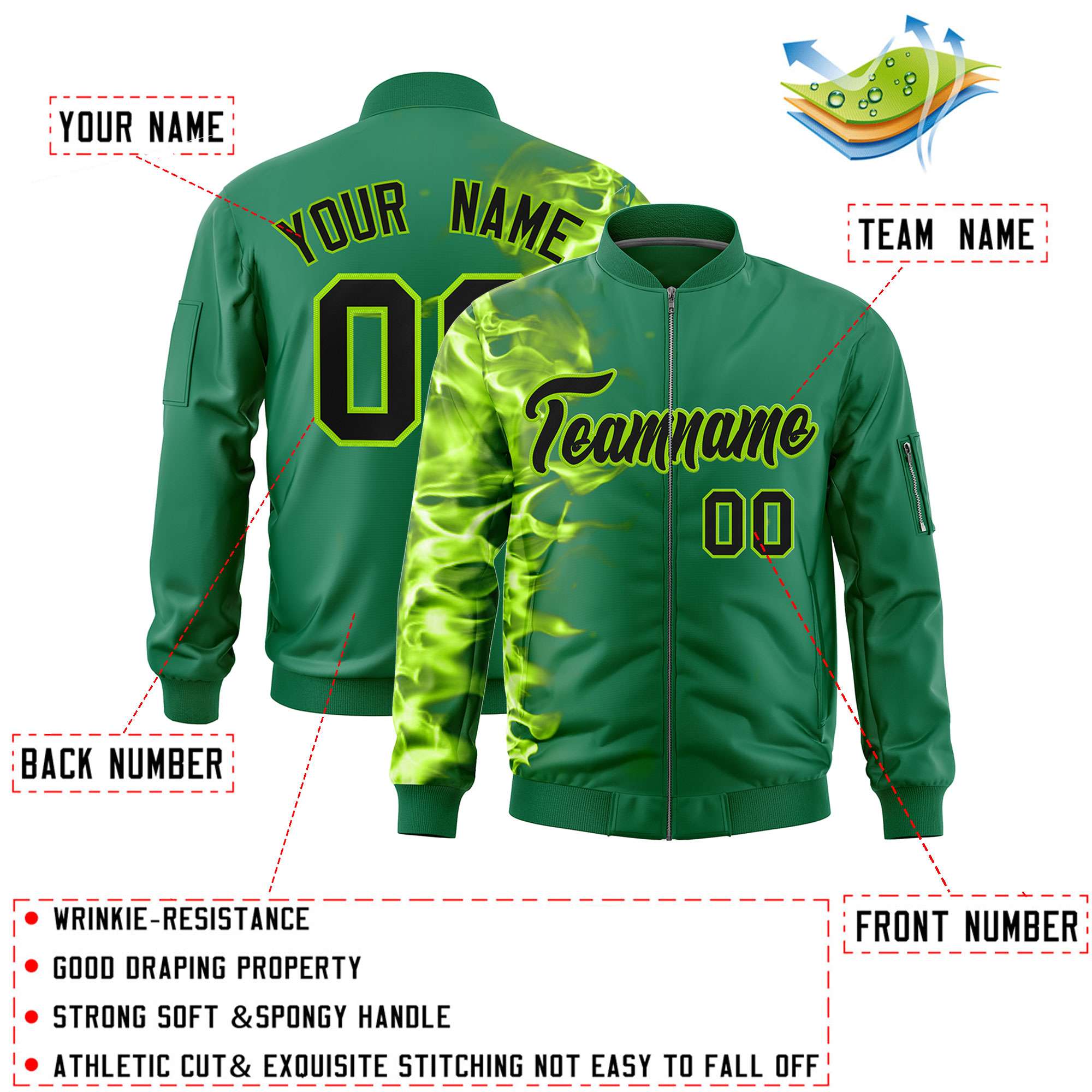 Custom Kelly Green 3D Flame Varsity Full-Zip Letterman Bomber Jacket