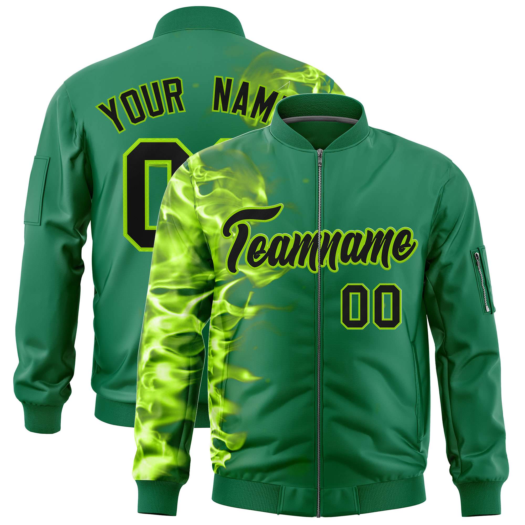 Custom Kelly Green 3D Flame Varsity Full-Zip Letterman Bomber Jacket