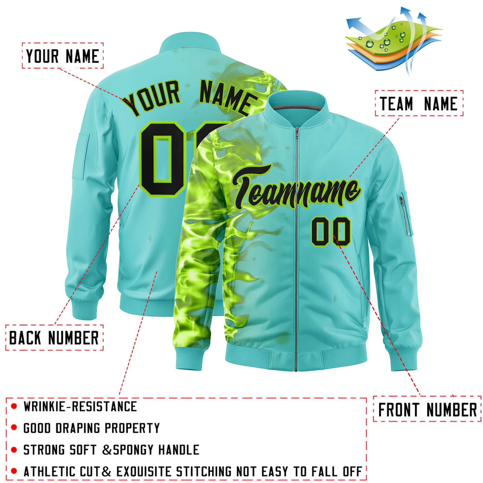 Custom Bright Green 3D Flame Varsity Full-Zip Letterman Bomber Jacket