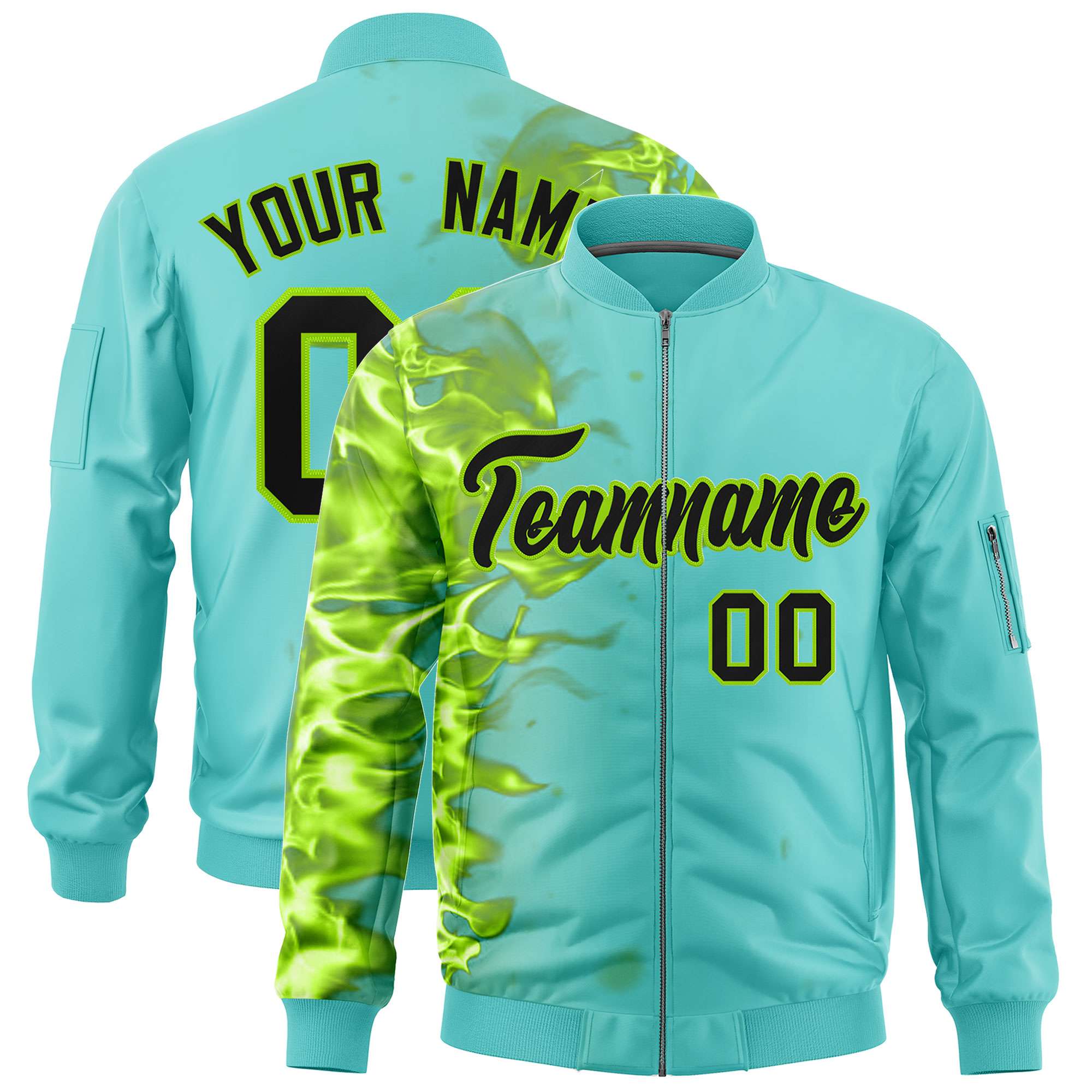 Custom Bright Green 3D Flame Varsity Full-Zip Letterman Bomber Jacket